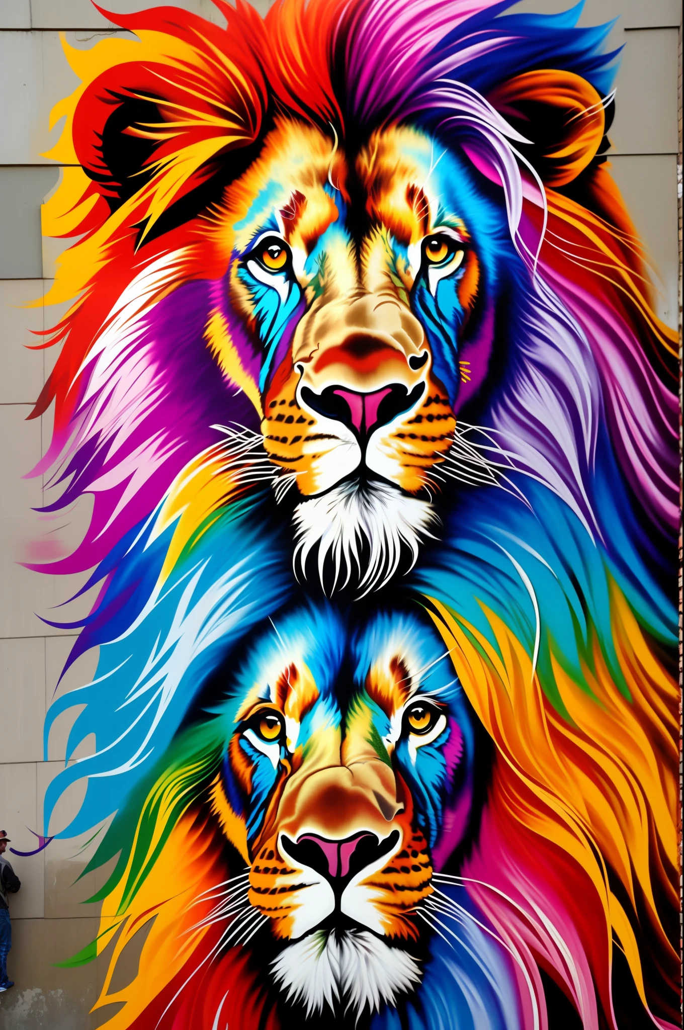 Lion, eduardo Kobra street artist,realistic,colorful 16k,very detailed,extreme mane,