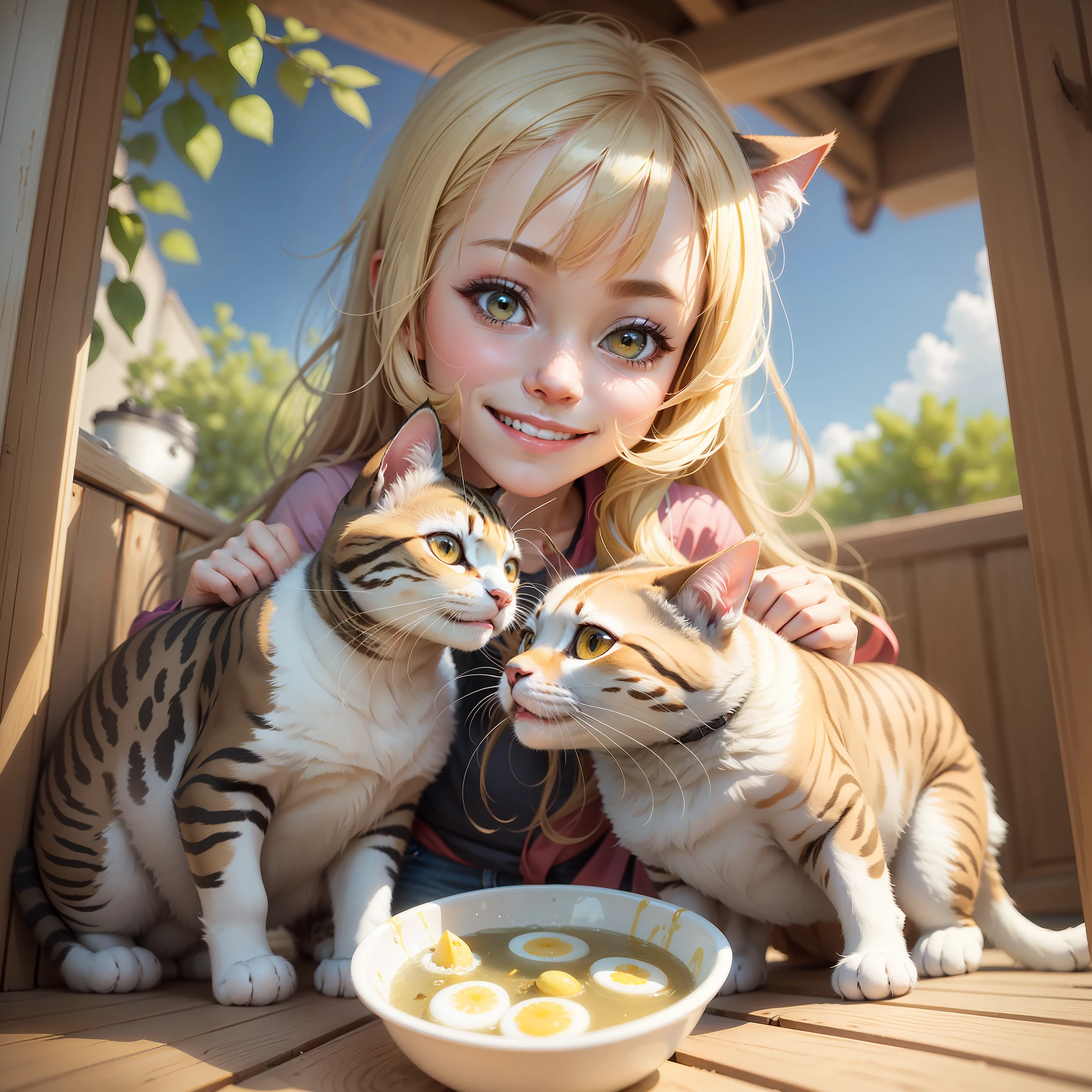 A girl holding a cat, silly smile, sunny afternoon, youthful vitality, relaxed, small fresh, instantly solidified, white boiled egg-like warm atmosphere created.
