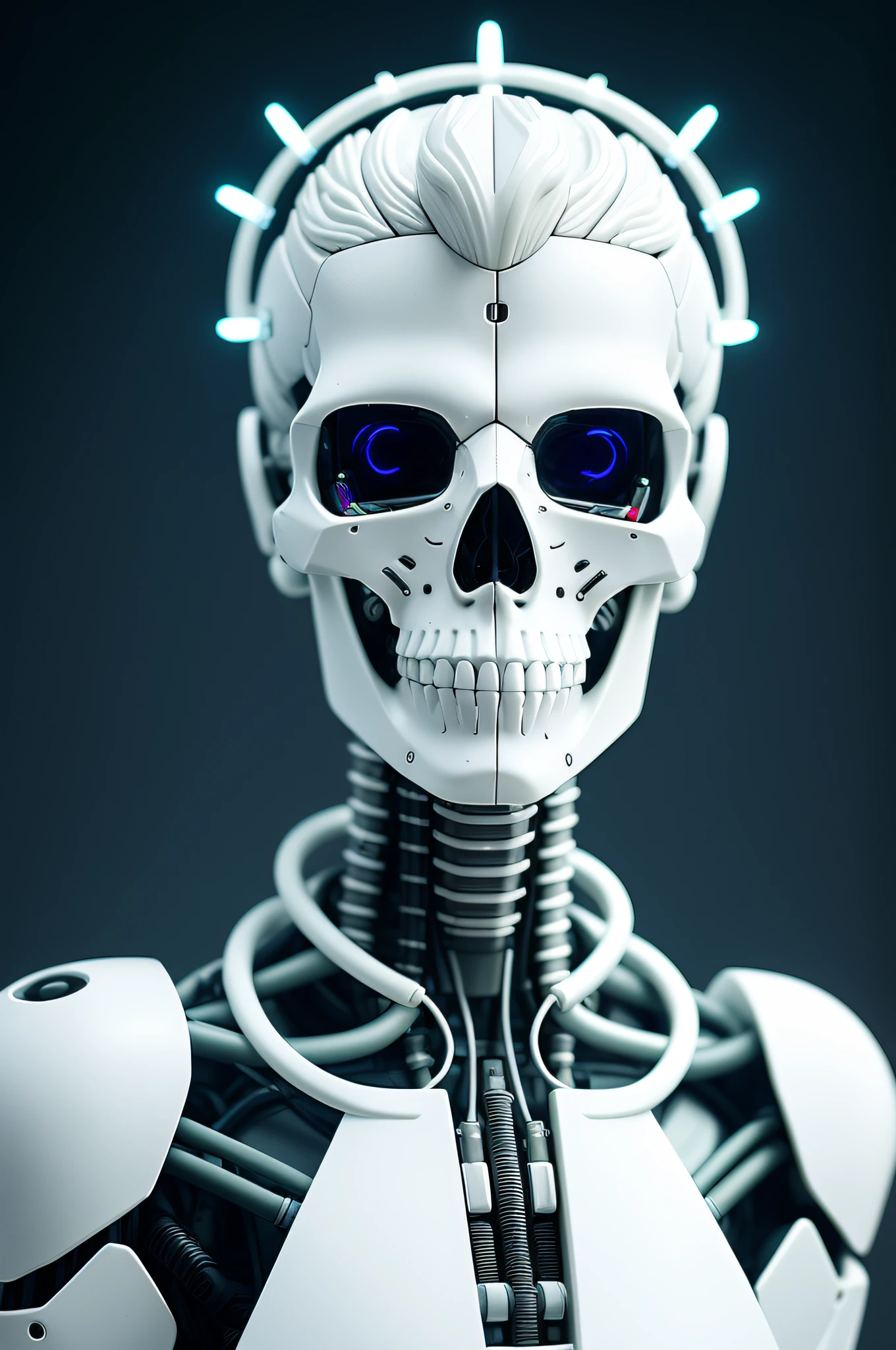 electronic system on humanoid head |male skull| with a visible detailed brain |small red lights on the brain and neck | fios de cabo de músculos| biopunk| cybernetic| cyberpunk| white marble bust| Canon M50| 100mm| sharp focus| slick| hyperrealism| Highly detailed | intricate details| Sculpted by Michelangelo