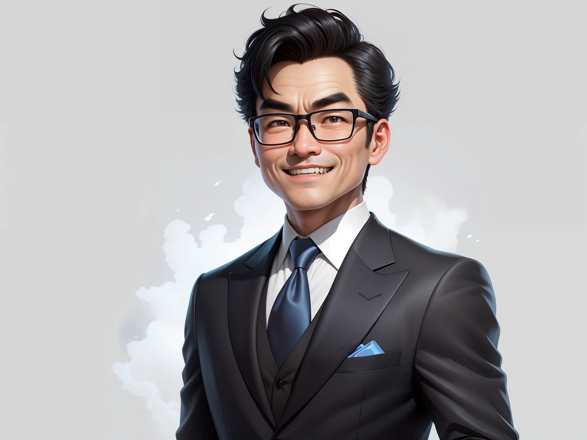 (Masterpiece), (Excellent), (Super Meticulous), (Full Body: 1.2), 1girl, Chibi, Cute, Smile, Open Mouth, Taiwanese middle-aged uncle male portrait, extremely detailed face, black hair, (super short hair) middle-aged handsome uncle, Taiwanese man, silver glasses, slightly chubby face, very clean face, black super short hair, black eyes, black suit, blue tie, confident smile, digital painting, film, character design of Mark Laydon and Pixar and Hayao Miyazaki, the illustration is a high-definition illustration in 4K resolution, With very detailed facial features and cartoon-style visuals.