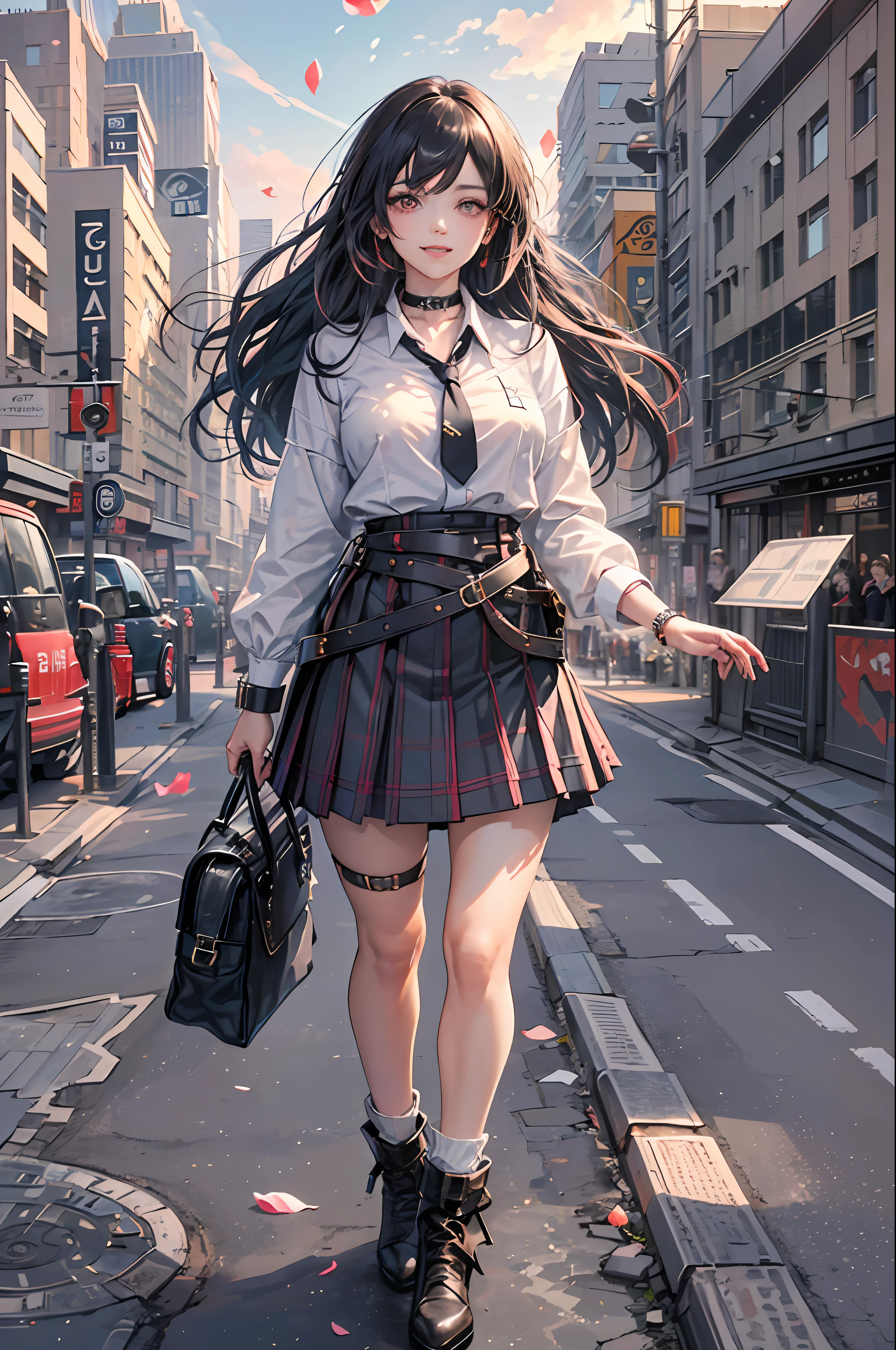 masterpiece, best quality, full body, 1girl, bangs, black choker, black necktie, black hair, blue skirt, blush, bracelet, breasts, choker, clothes around waist, collarbone, collared shirt, cowboy shot, dress shirt, ear piercing, eyebrows visible through hair, gradient hair, grin, gyaru, jewelry, kogal, long hair, looking at viewer, loose necktie, necktie, piercing, plaid, plaid skirt, pleated skirt, red eyes, ring, school uniform, shirt, skirt, smile, solo, white shirt, street, sky, cherry blossoms, petals,illustration, (magazine:1.3), (cover-style:1.3), fashionable, woman, vibrant, outfit, posing, front, colorful, dynamic, background, elements, confident, expression, holding, statement, accessory, majestic, coiled, around, touch, scene, text, cover, bold, attention-grabbing, title, stylish, font, catchy, headline, larger, striking, modern, trendy, focus, fashion, --auto --s2