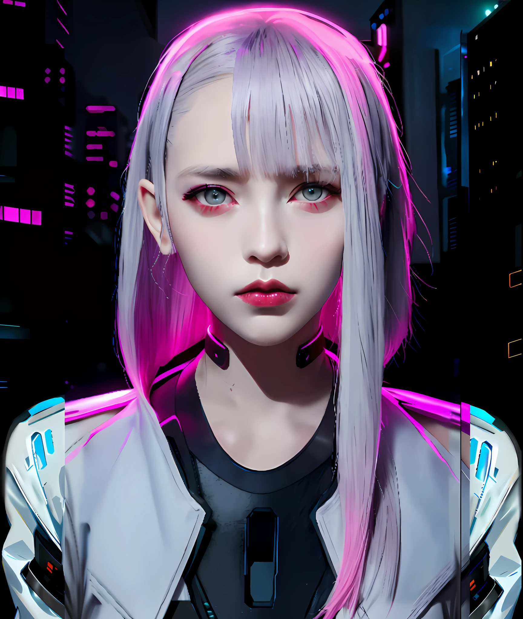Silver hair getting a strong pink neon glow, and distant buildings in the cyberpunk style background