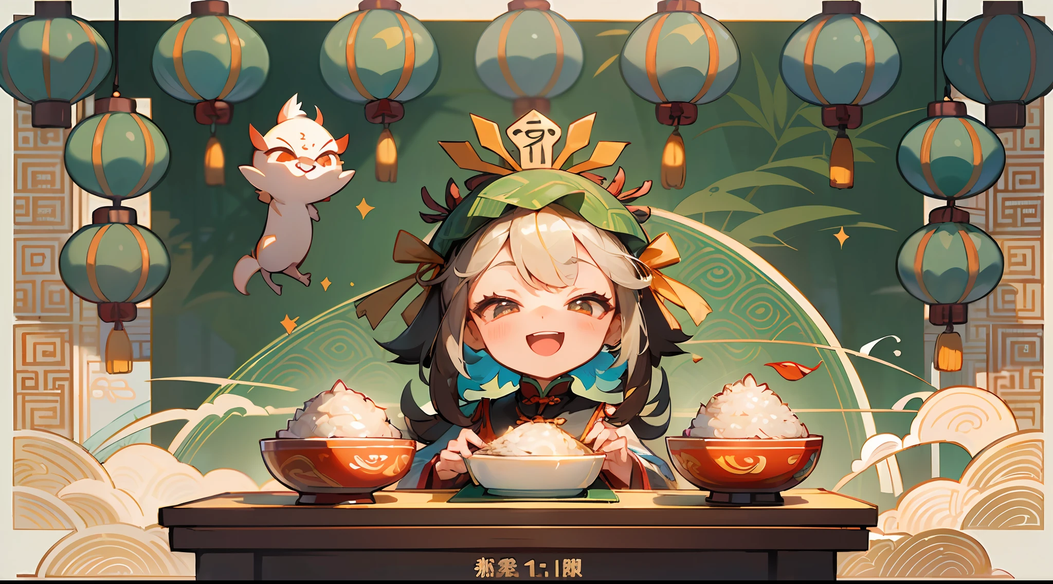 (Masterpiece, high resolution, detail: 1.2), cute zongzi cartoon image, facial features simulated humanization, (big eyes, bright and shiny: 1.1), (sweet smile: 1.2), (soft and smooth appearance: 1.1), (Colorful axe color: 1.2), (small wrists and legs: 1.1), (rice dumpling leaf body: 1.2), (Chinese dragon boat: 1.1), (majestic dragon head: 1.2), (rhythmic planning animation: 1.1), (surging river: 1.2), (spectacular depth of field effect: 1.3), (stunning picture beauty: 1.2), (traditional Chinese festivals: 1.1), (festive atmosphere: 1.2), (Lively Auditorium: 1.1), (Cheers and Firecrackers: 1.2), (Chinese Elements: 1.1), (Smell of Zongzi: 1.2), (Joyful Rafting Competition: 1.1), (Pleasant Scene: 1.2), (Perfectly Captured Sight: 1.1), (Suitable for Mobile Wallpaper: 1.2), (Exquisite Illustration, Cartoon Style: 1.3), Chinese Dragon Boat Festival Elements, Anthropomorphic Zongzi Image with Five Features, (Cute and Moe: 1.2), Smiley Facial Expression, (Big Eyes: 1.1), sweet smile, lifelike facial features, (colorful wrap: 1.2), delicate skin lines, (soft and delicious rice filling: 1.1), sweet rice dumpling leaf aroma, (cheerful ribbon decoration: 1.2), symbol of the Dragon Boat Festival, (bamboo leaf background: 1.1), verdant, (full of festive atmosphere: 1.2), Dragon Boat Festival greetings, bright colors, joyful atmosphere, Chinese dragon boat
