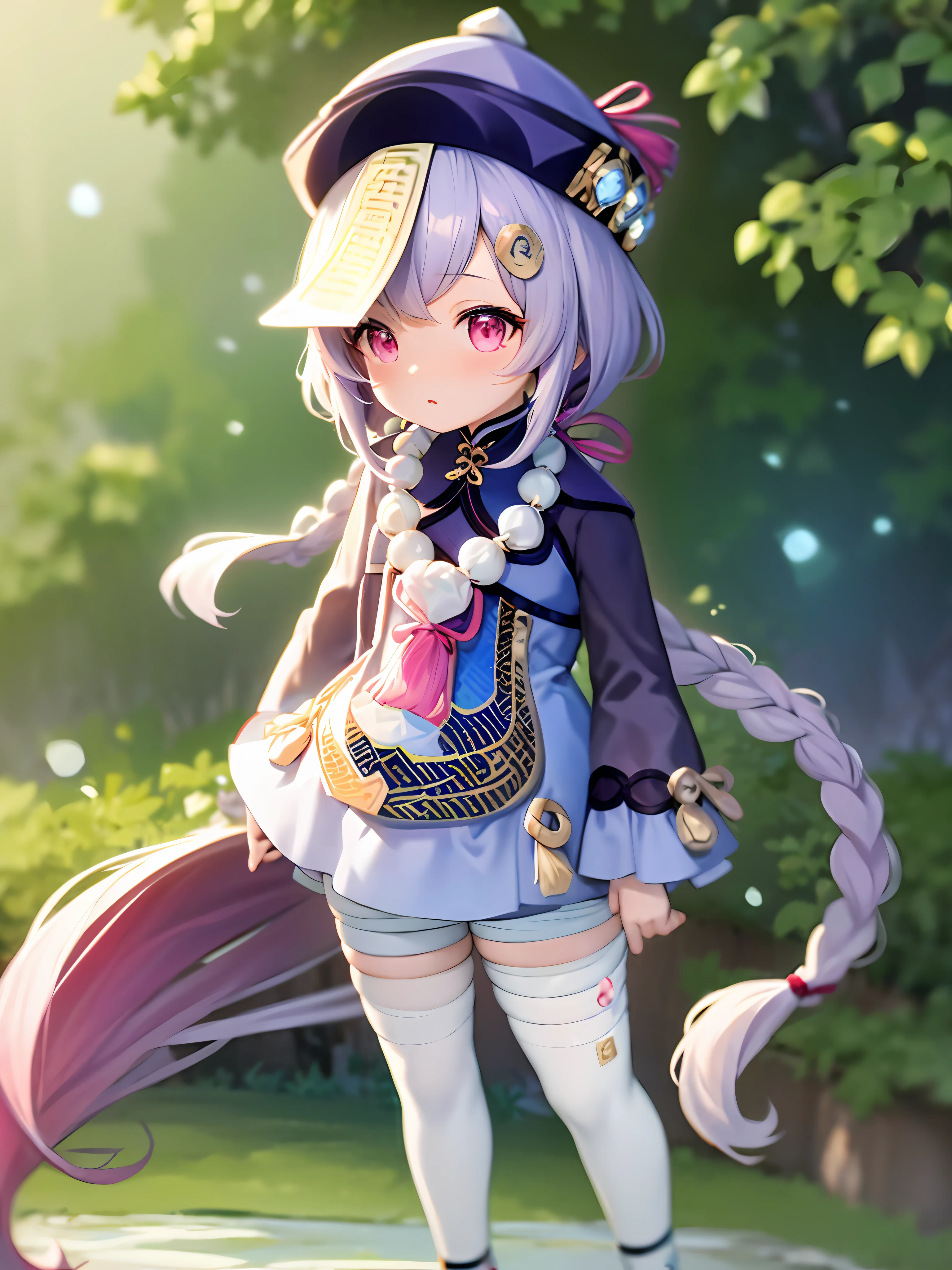 ofuda 1girl qiqi (genshin impact), (cute:1.1), masterpiece, best quality, perfect hand, wide hips, (windy:1.3), looking at the audience, standing in the water, wet clothes masterpiece, best quality, wallpaper