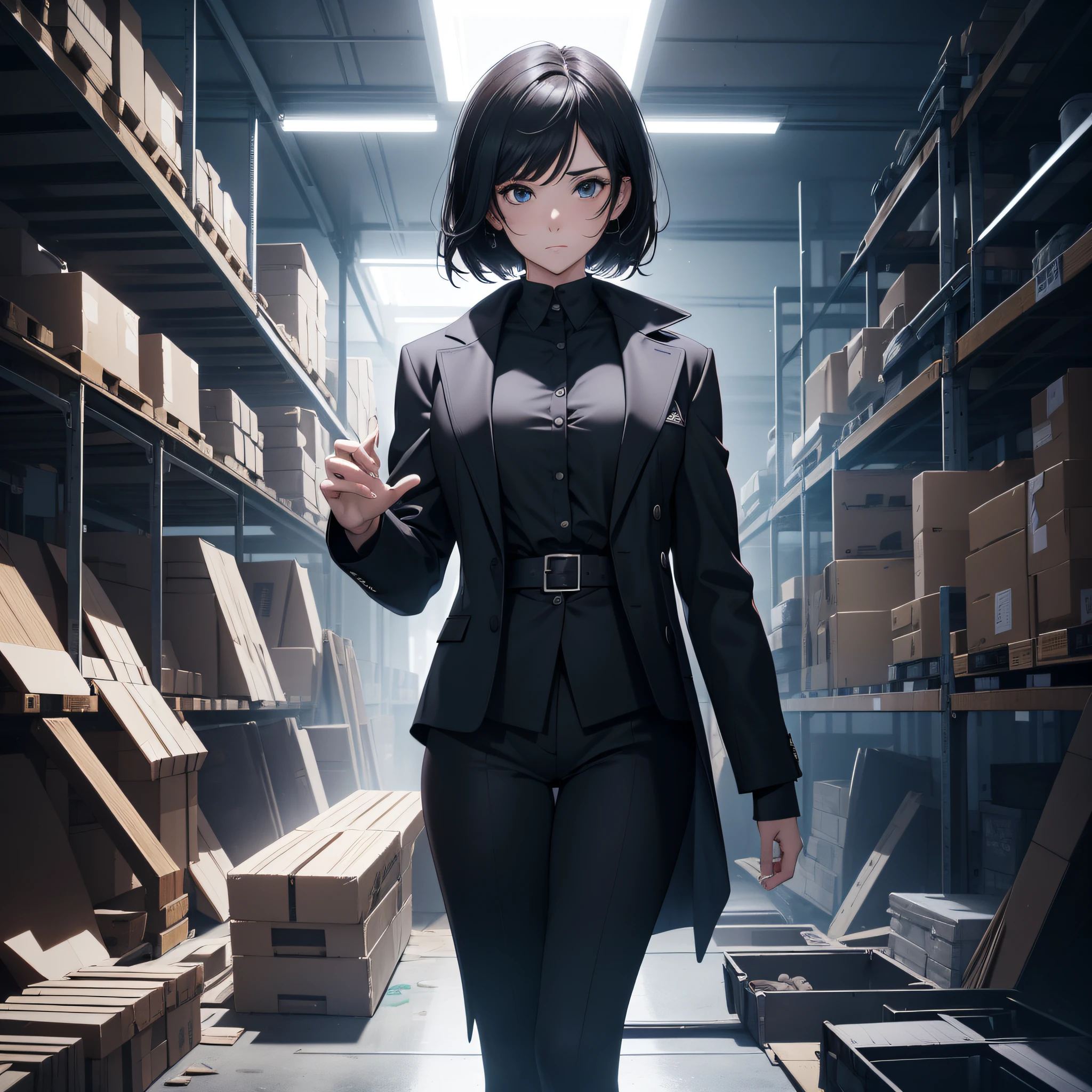 A thirty-year-old middle-aged woman in a black suit with short black hair stands in a warehouse full of eggs (vanishing point1.5) (expression surprise 1.5) 1.5 (lots of white space 1.5) (best quality: 1.1) full body display 1.5 (masterpiece: 1.3) with unparalleled masterpiece, surreal 8K, perfect artwork, super detail, best quality, masterpiece 4K wallpaper aesthetics, masterpiece, award-winning artwork, official art, cinematic lighting