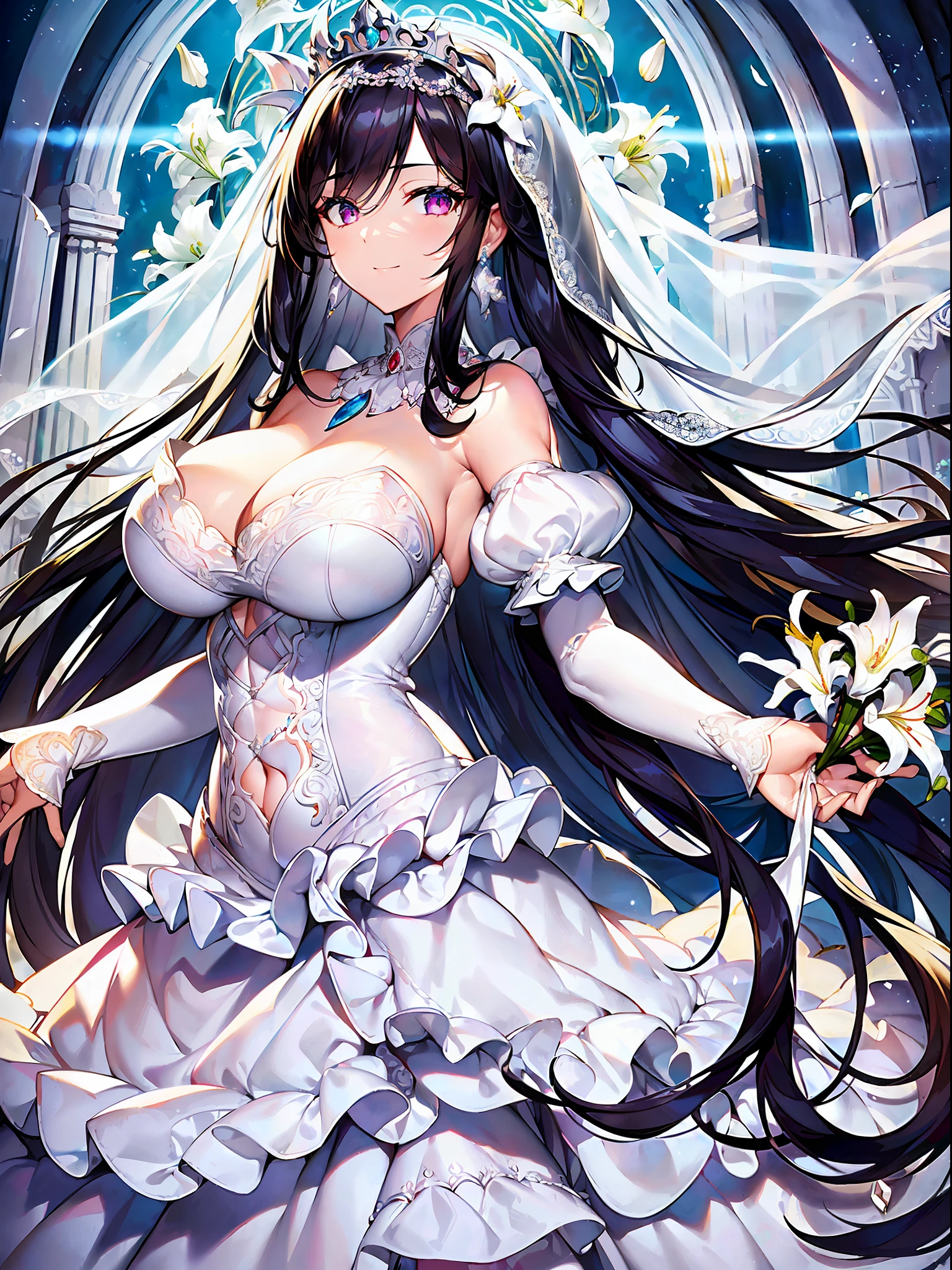 ((anime artstyle)),(((Masterpiece))), ((Best Quality)), ((Super Detail)), Illustration, (((Very Delicate and Beautiful))),Dynamic Angle,Looking at viewer,((((Solo)))),June bride,(((1 arrogant empress in white wedding dress having a wedding ceremony in a flower field outside a church))), in the flower garden,((((Full body)))),(standing),(((smile))),Purple eyes,(Sharp eyes),Detailed Face, Long Eyelashes,Jet Black Hair,(Straight Hair),((Very Long Hair)),Bangs between eyes, (((gigantic breasts))),cleavage,skindentation,curvy,See-through,(((fusion of white wedding dress and white rococo ball gown))),(fluffy white wedding dress with gorgeous embroidery),((hoop skirt)),long skirt,corset,crinoline,(long wedding veil),opera gloves,finely decorated jeweled big tiara, gem earrings,finely decorated necklace,Beautifully jeweled ornaments,outdoor,sky, ((white lily flowers)), flower petals flowing, flowers,(floating church),light particles,