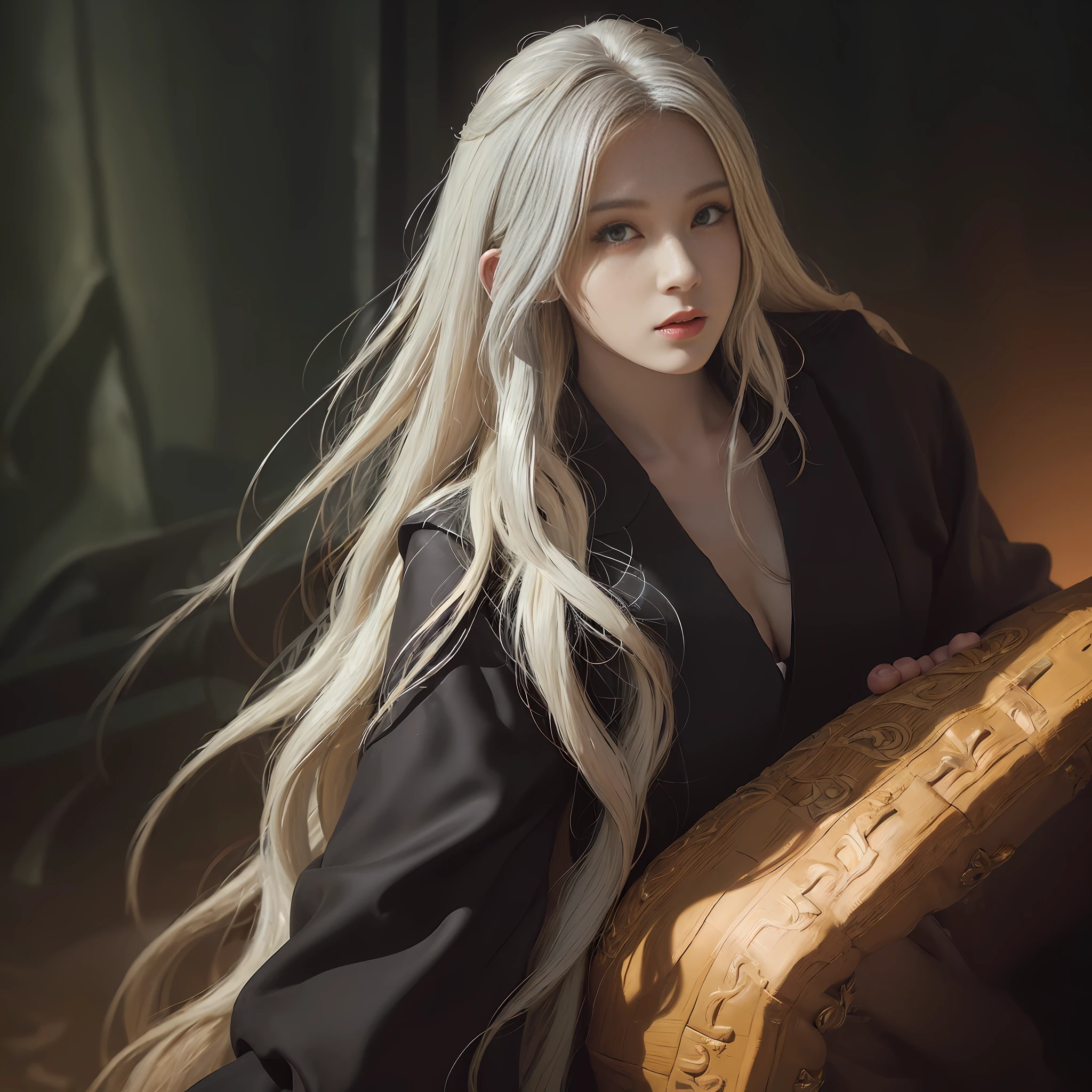 (front focus), (in the dark:1.6), Hyperrealist portrait of female by david hockney and alphonse mucha, fantasy art, photo realistic, dynamic lighting, artstation, poster, volumetric lighting, very detailed faces, 4 k, award winning, 1girl, in the dark, deep shadow, low key, cowboy shot, (official clothing:1.4), long hair, white hair