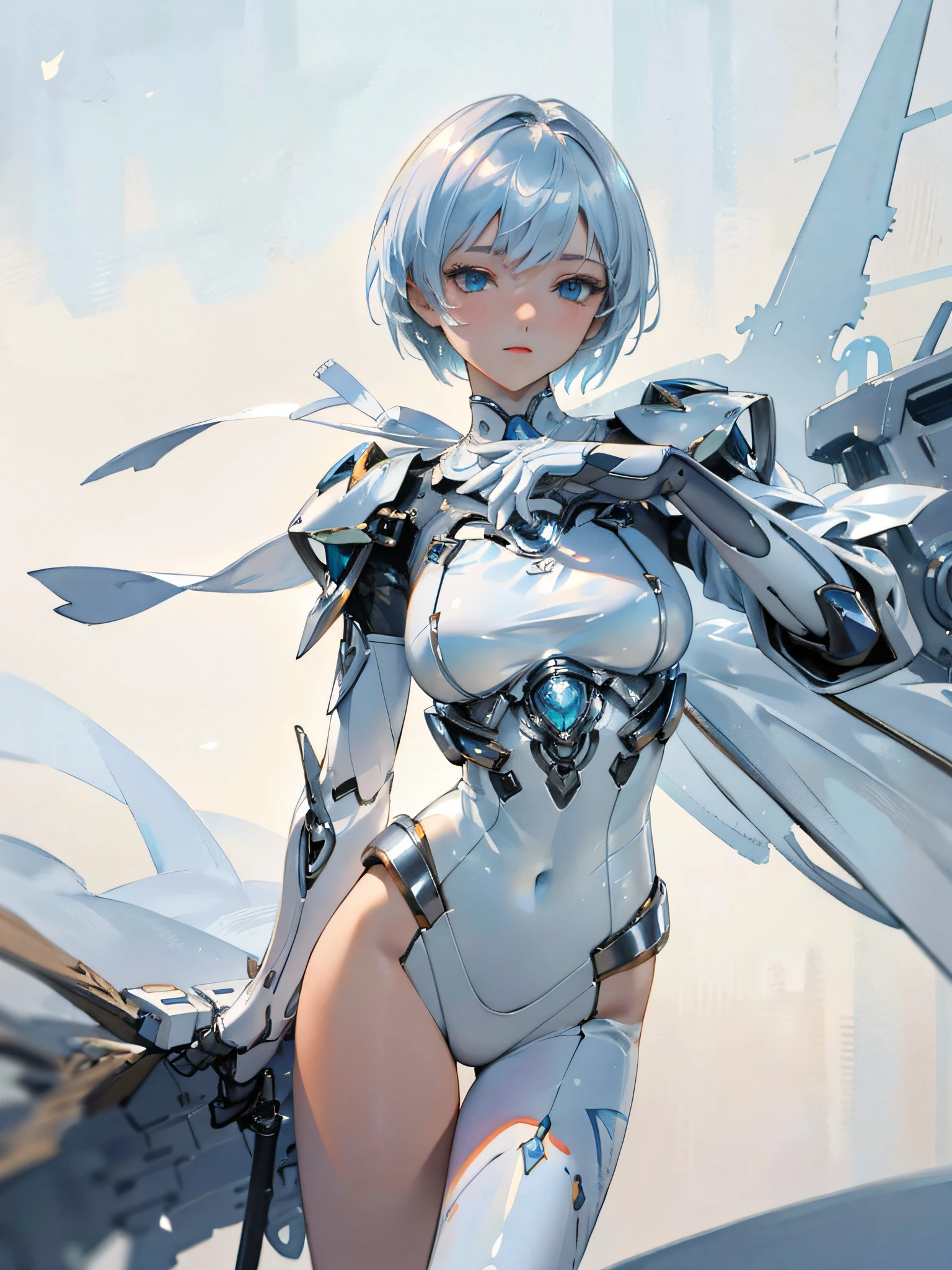 masterpiece, hyper detailed, sharp focus, dynamic pose, watercolor painting, realistic texture, 1girl, shiny hydrated flexible lactescent skin, lightblue eyes, natural make, silver straight short hair, white thin pilot suit, mecha arm, white medium breasts, flying sky, white background paper