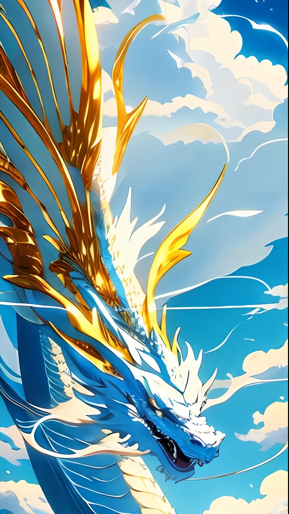 Makoto shinkai, 1flying white dragon, centered, golden and silver scales, fantasy, no humans, blue sky, summer, wallpaper, 8k, better shadows, better colors. 300mm lens