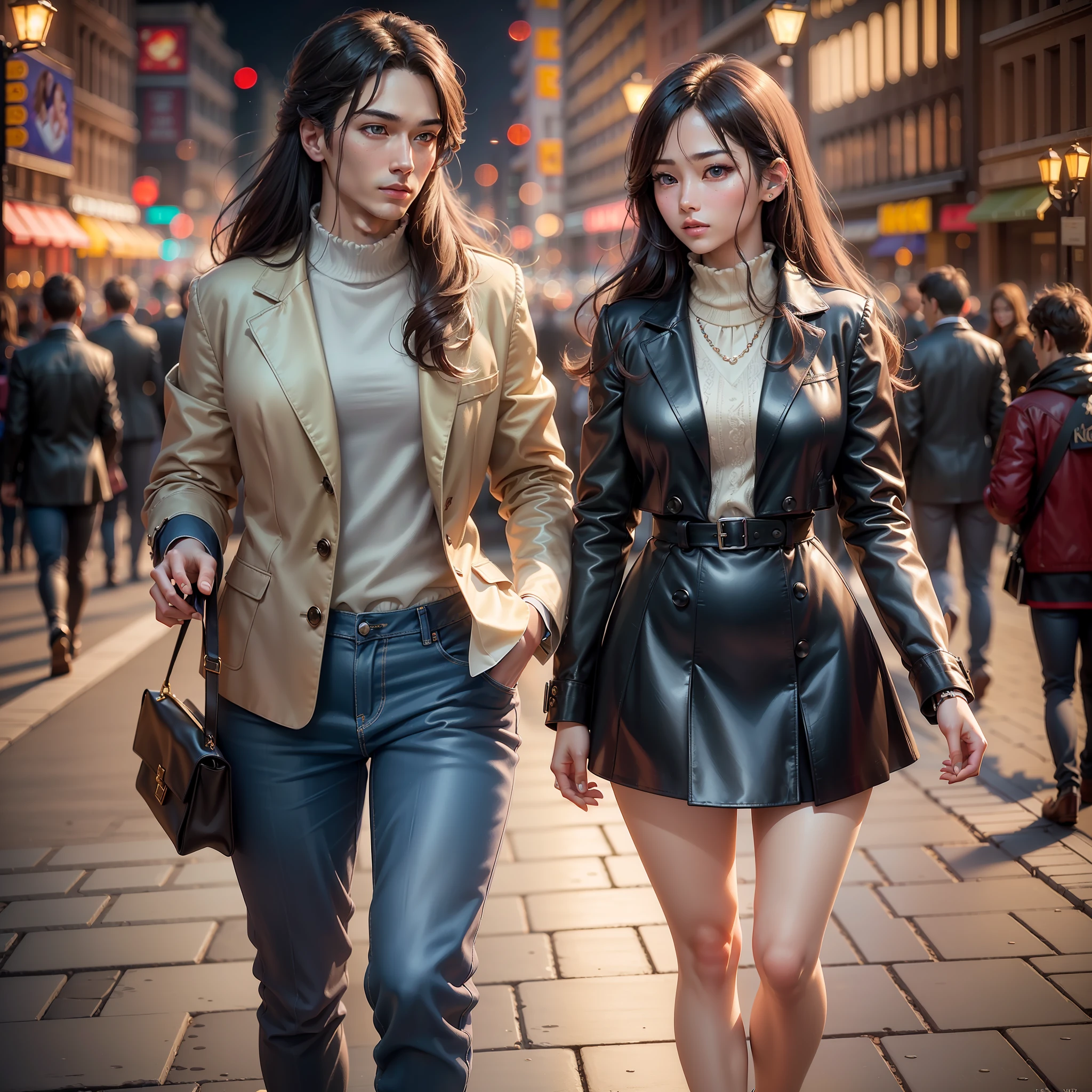 ((Top Quality, 16k, Masterpiece, photorealism, photography, Realistic)) encontry couple, woman and man, like a kdrama scene, real body, full body, Highly detailed face and texture, beautiful eyes, Detail hair, good proportions, anatomically correct, high details, full clothes, at night, city lights, romantic, lake