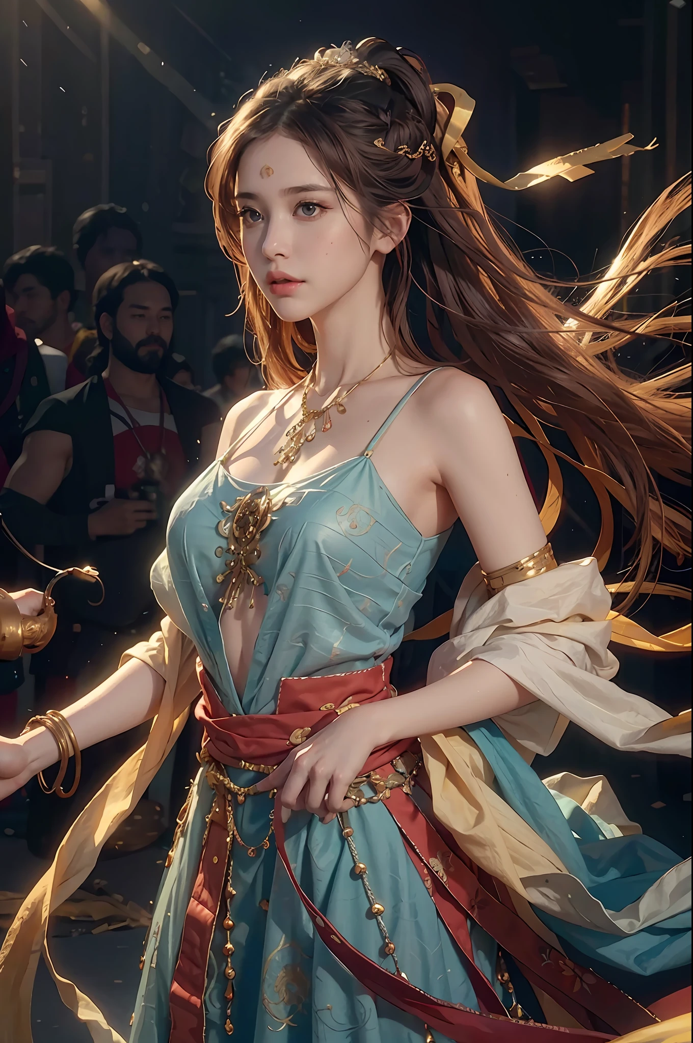 (RAW Photo, Best Quality), (Realistic, Photo Realistic: 1.3), Best Quality, Highly Detailed, Masterpiece, Hyper Detail, Illustration, 1 Girl, upper_body, Dynamic Angle, World Masterpiece Theater, messy_long_hair, Best Quality, Extremely Detailed CG Unified 8k Wallpaper, Ink, Amazing, Cinematic Lighting, lens_flare,dunhuang_style, Real People