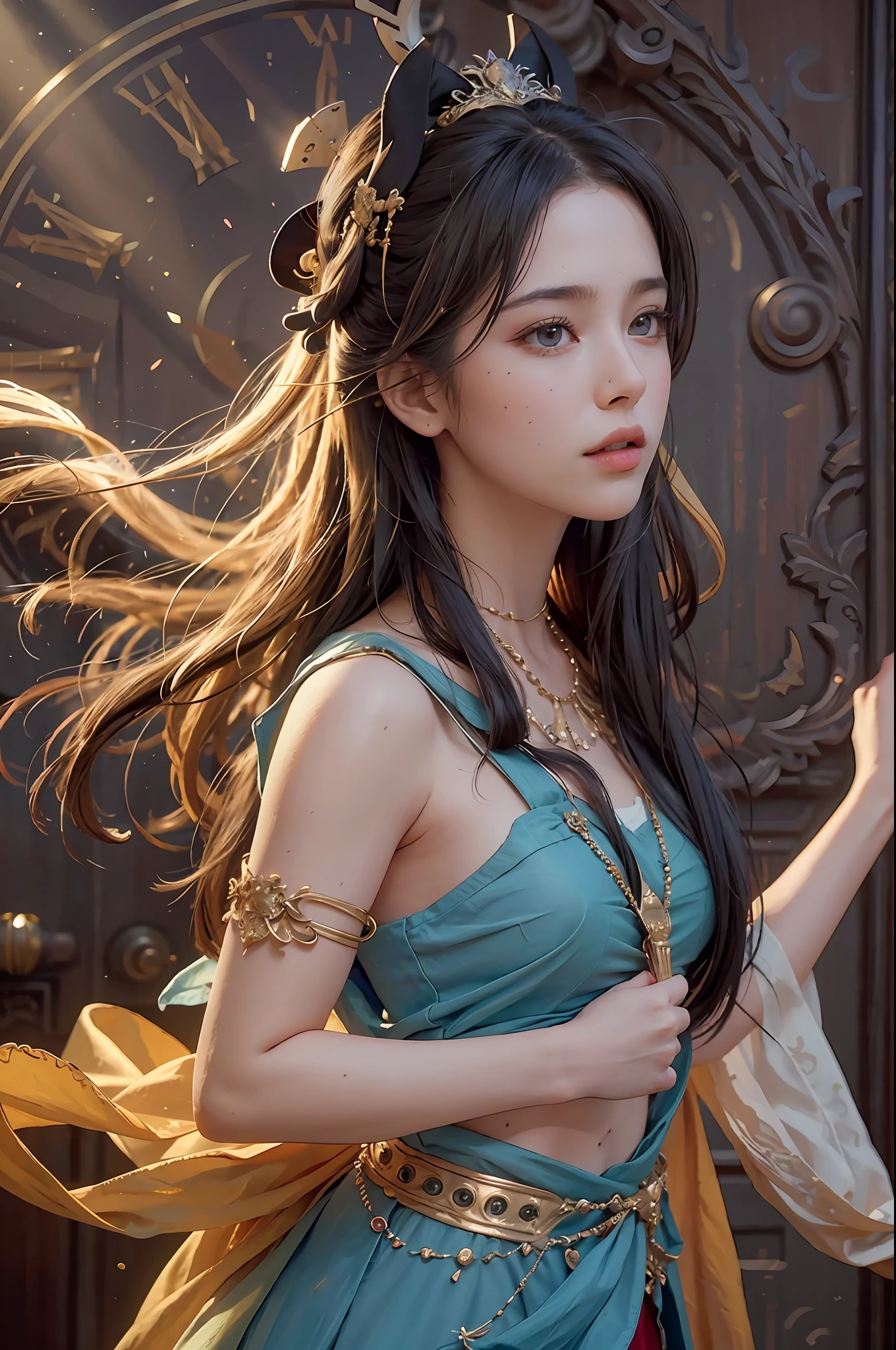 (RAW Photo, Best Quality), (Realistic, Photo Realistic: 1.3), Best Quality, Highly Detailed, Masterpiece, Hyper Detail, Illustration, 1 Girl, upper_body, Dynamic Angle, World Masterpiece Theater, messy_long_hair, Best Quality, Extremely Detailed CG Unified 8k Wallpaper, Ink, Amazing, Cinematic Lighting, lens_flare,dunhuang_style, Real People