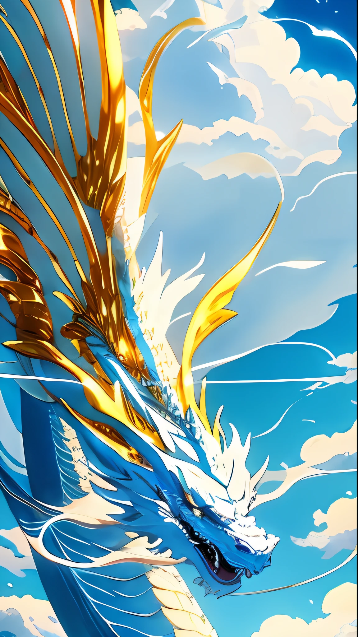 Makoto shinkai, 1flying white dragon, centered, golden and silver scales, fantasy, no humans, blue sky, summer, wallpaper, 8k, better shadows, better colors. 300mm lens