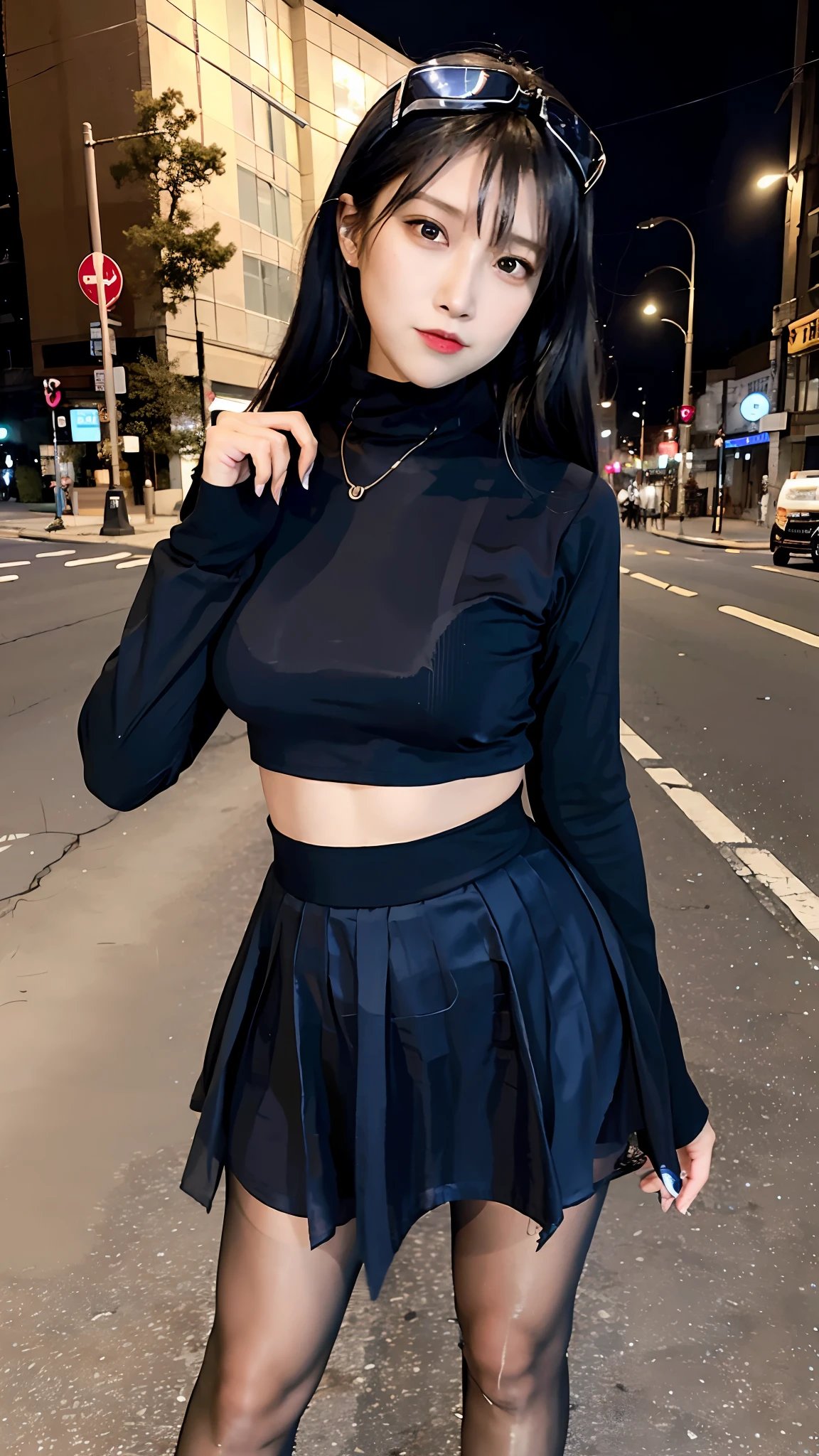 arafed woman in a black dress and stockings posing for a picture, thighhighs and skirt, elegant girl in urban outfit, tights; on the street, black outfit, sexy style, gothic city streets behind her, dressed all in black, cyberpunk style outfit, dressed in black, sexy outfit, posing in an urban street, very sexy outfit
