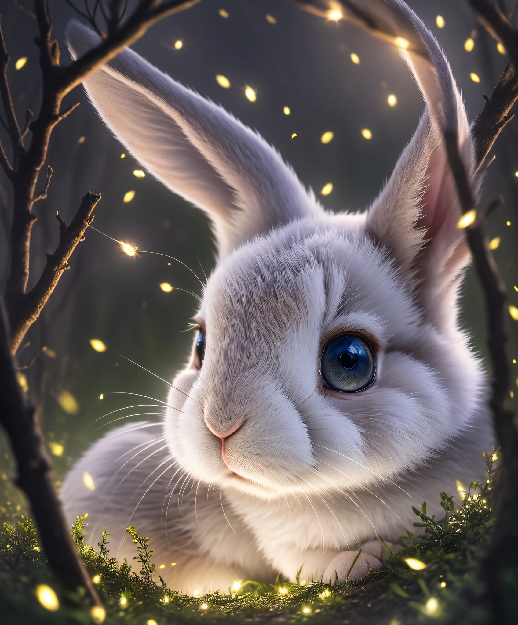 close up photo of a rabbit in an enchanted forest, nighttime, fireflies, volumetric fog, halation, bloom, dramatic atmosphere, centred, rule of thirds, 200mm 1.4f macro shot