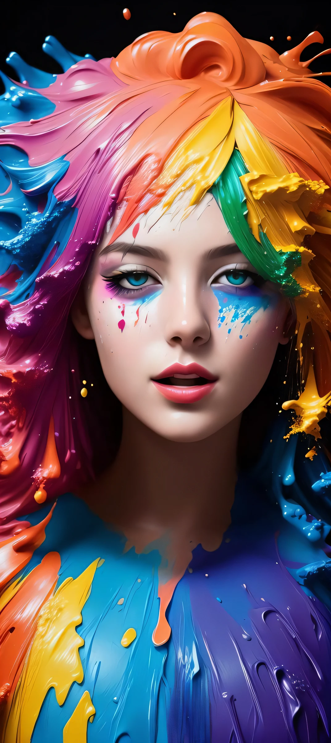 (level difference:1.8),(Paint colliding and splashing on the canvas),(depth of field),1girl's side face blends into it,((side face)),open mouth,(liquid paint rainbow hair:1.1) made of paint and defies gravity,thick flowing,(paint splatter:1.3),Liquid state,stunningly beautiful, masterpiece, detailed background,ultra high quality model, ethereal background,abstract beauty, explosive volumetric, oil painting,heavy strokes,Romantic lighting,Sub-Surface Scatterring,lens 135mm,f1.8,glow,8k,high resolution, dreamy,ray tracing,hdr,god rays,