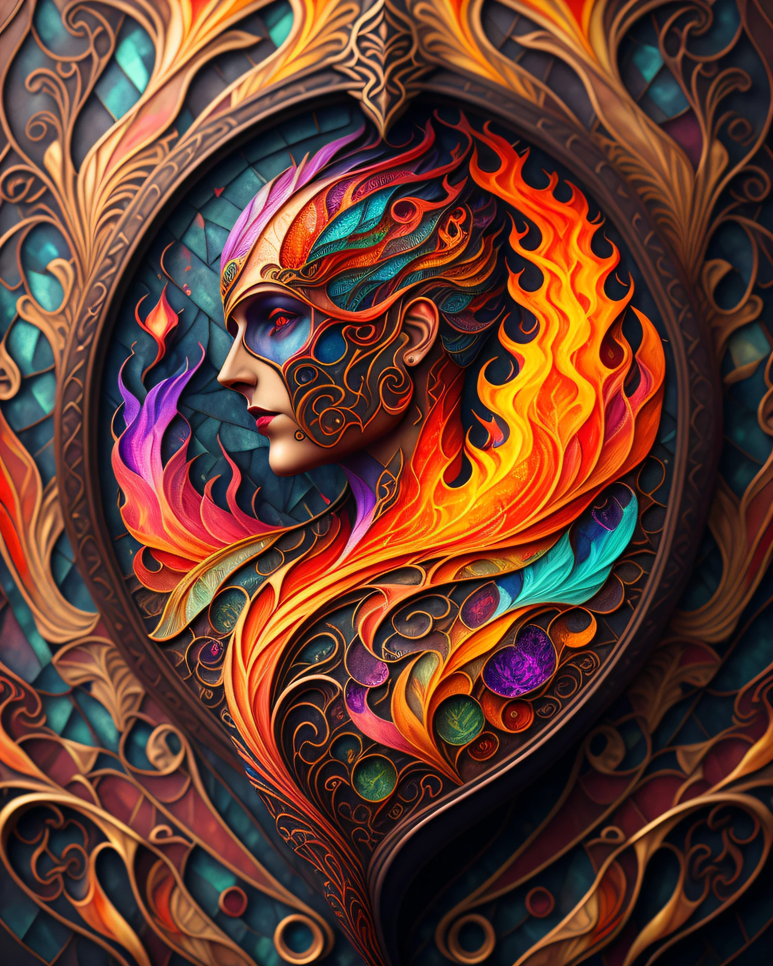 fire, scary, Art Nouveau, Digital Painting, upper body shot, textured, Faded, Mosaic, multicoloured colors, Metalheart, spot lighting, Ultra-realistic, highly detailed, natural lighting, ocean environment, Unity engine, 8k