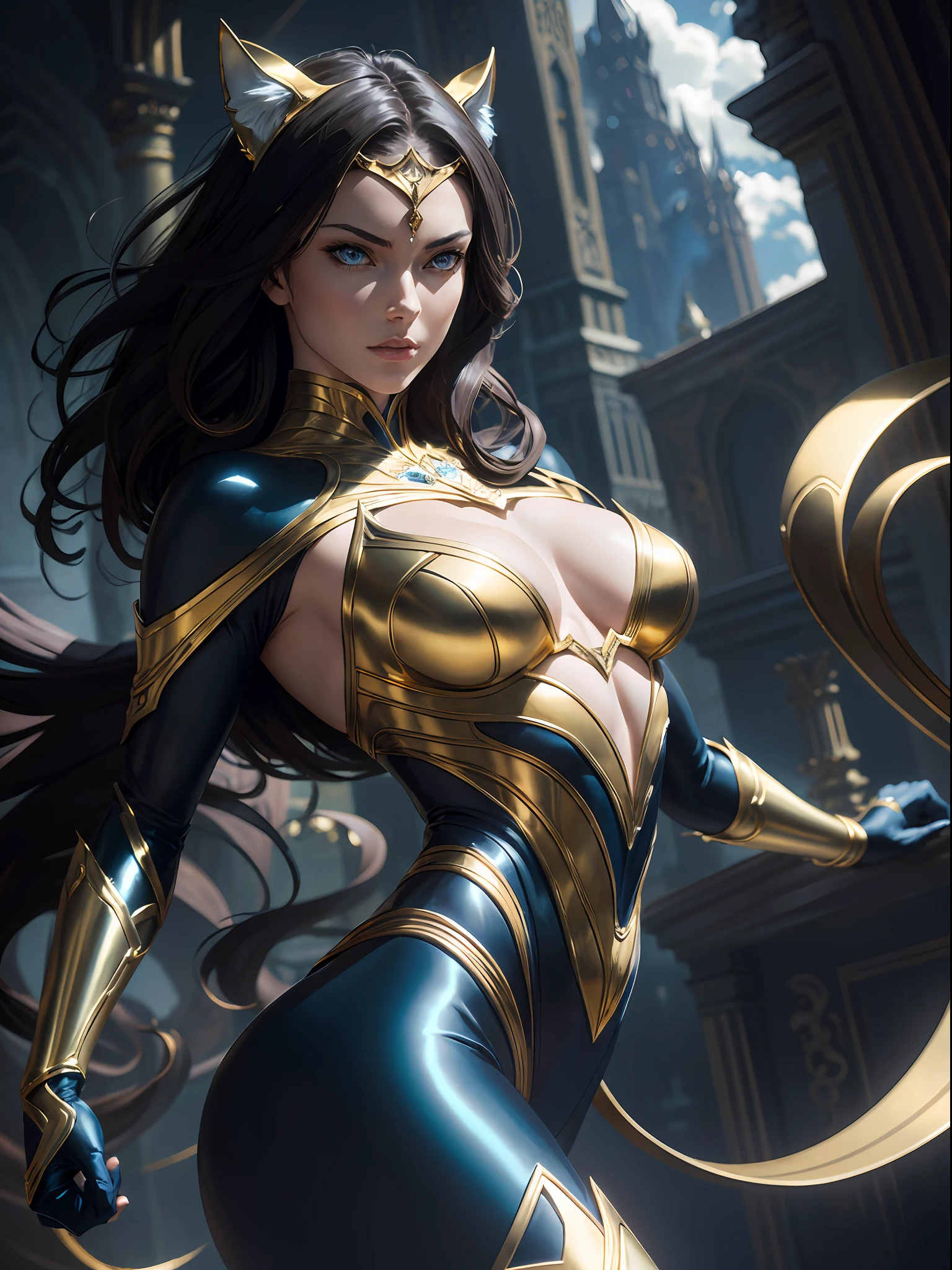 Gold Catwoman, background is cloudy blue sky, fantasy, magical, intricate details,dramatic,(dynamic upper body pose:1.1), dramatic lighting,depth of field. Best quality, masterpiece, ultra high res,(anime realism, photorealistic:1.4), perfect composition, centered, symmetry