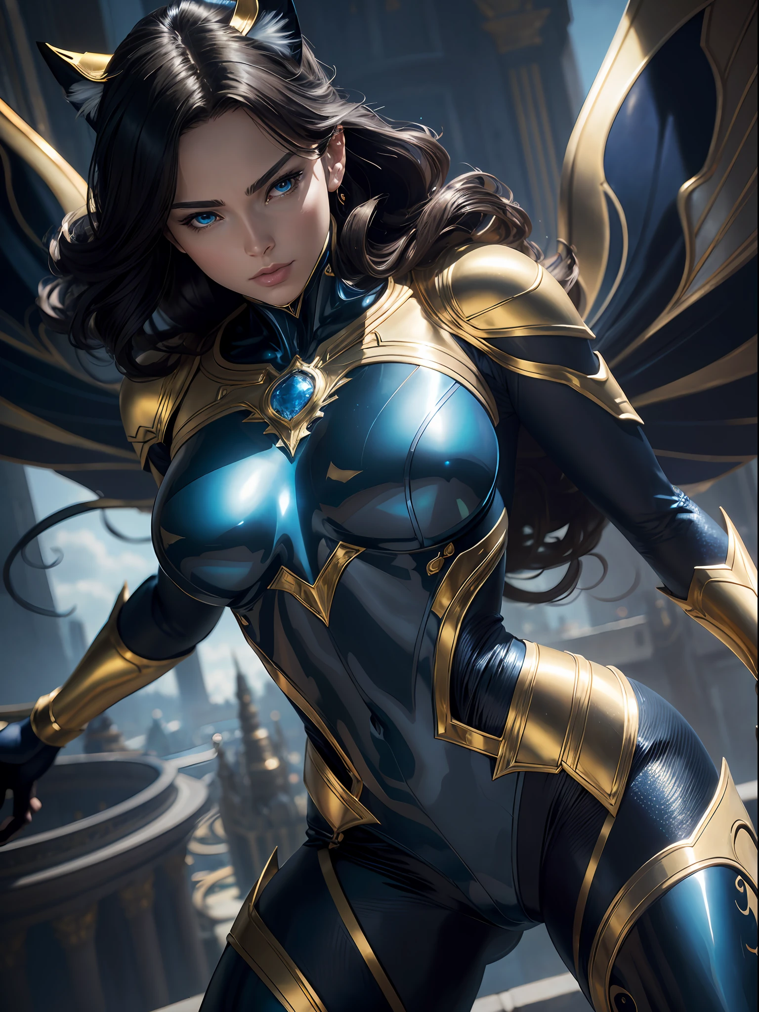 Gold Catwoman, background is cloudy blue sky, fantasy, magical, intricate details,dramatic,(dynamic upper body pose:1.1), dramatic lighting,depth of field. Best quality, masterpiece, ultra high res,(anime realism, photorealistic:1.4), perfect composition, centered, symmetry