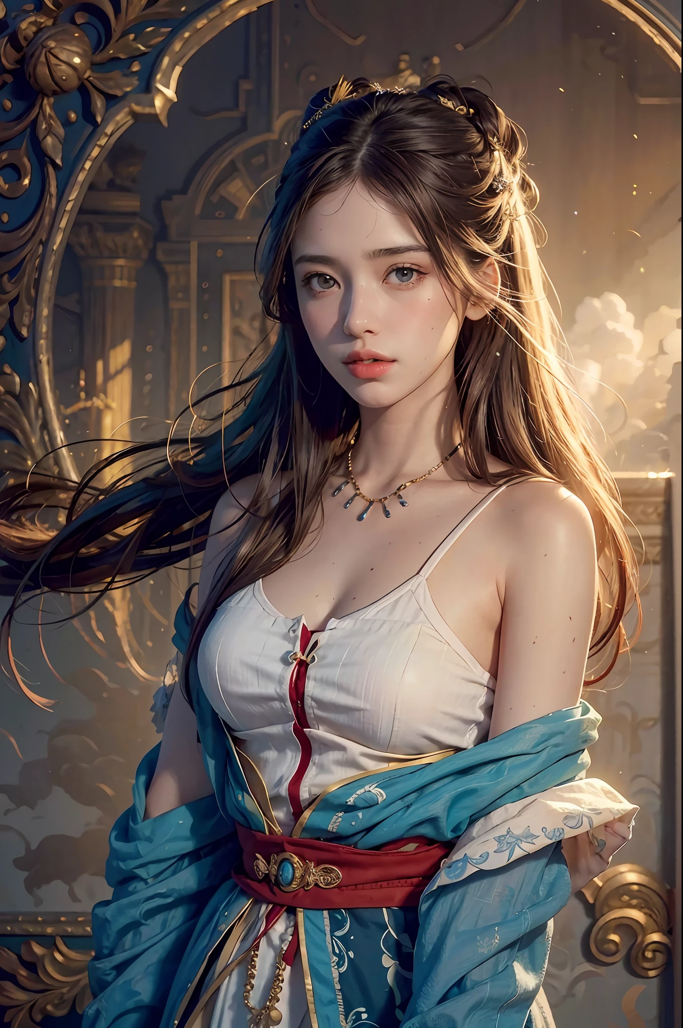 (RAW Photo, Best Quality), (Realistic, Photo Realistic: 1.3), Best Quality, Highly Detailed, Masterpiece, Hyper Detail, Illustration, 1 Girl, upper_body, Dynamic Angle, World Masterpiece Theater, messy_long_hair, Best Quality, Extremely Detailed CG Uniform 8k Wallpaper, Ink, Amazing, Cinematic Lighting, lens_flare,dunhuang_style,Brunet, Real Man