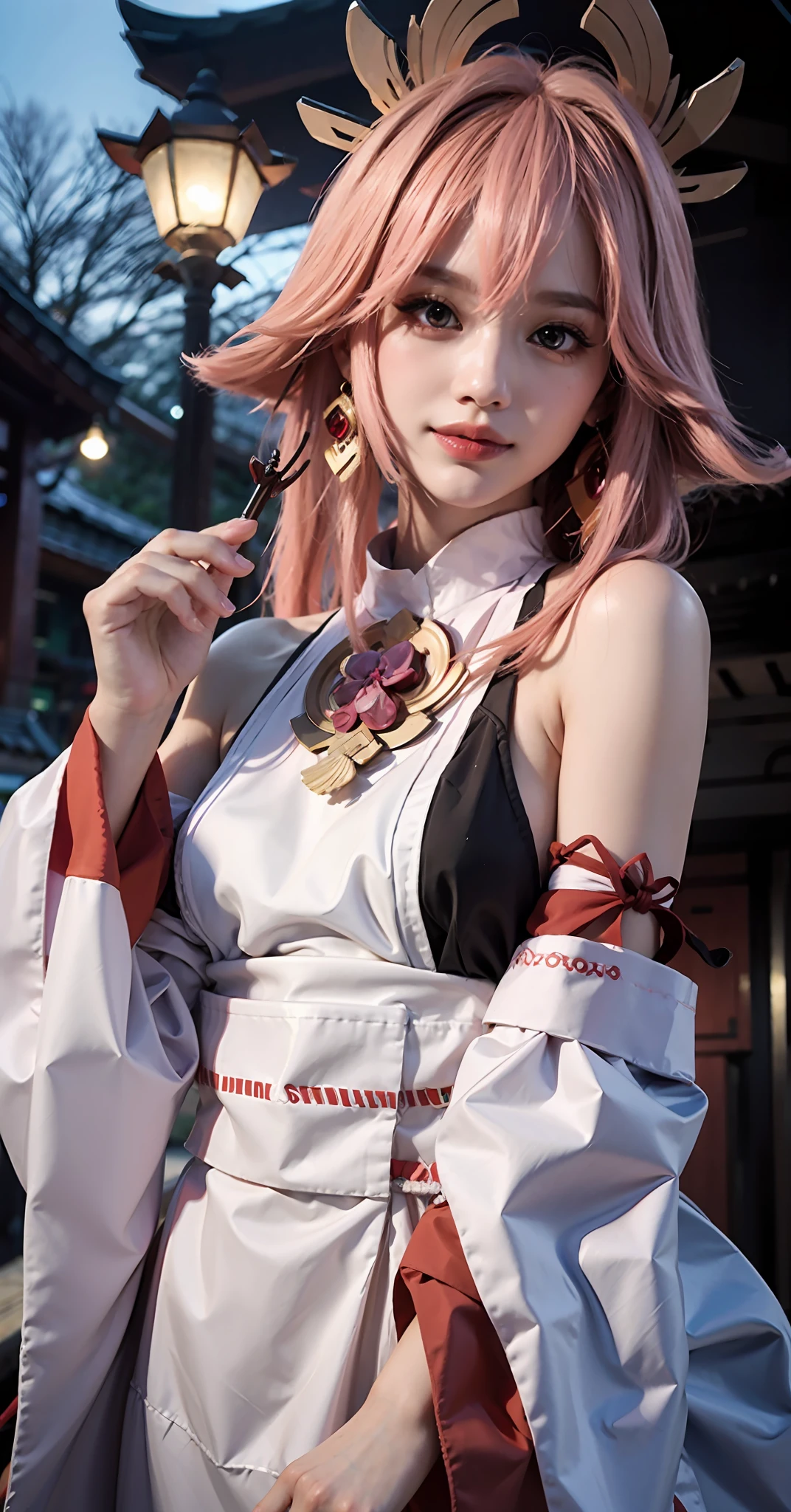 ((Medium Breath)), 1girl, yae miko, sleeves, bare shoulders, pink hair, long hair, Japanese clothing, best quality, (hair accessory: 1.35), jewelry, purple eyes, earrings, breasts, torii, lantern lights, depth of field, face focus, (viewers: 1.25), non-traditional witch, shiny skin, long sleeves, smile, East Asian architecture, (blurred background: 1.2),
