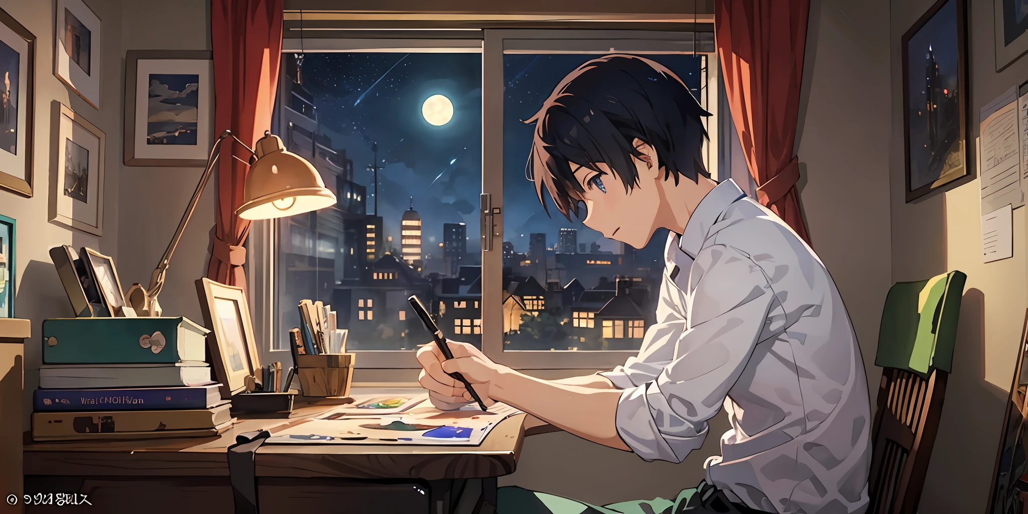 A boy painting on his desk in his beautiful cozy room, warm lights in his room, night time, concept art inspired by makoto shinkai, pixiv contest winner, best quality, beautiful anime scene, a bright moon, Anime scene, cinematic anime scene, Night, Fantastic anime, Atmospheric Anime, Starry Sky, Detail Enhanced.