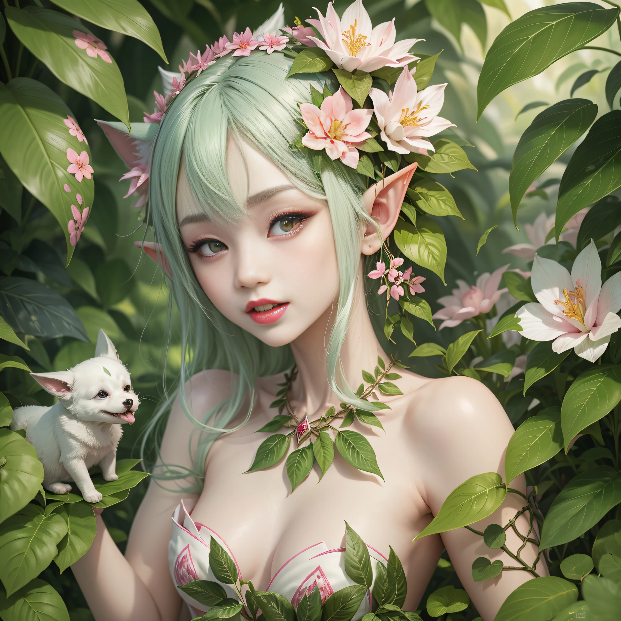 Masterpiece, one (plant elf), pale green body, pink white flowers and leaves, pink white skin, white teeth, dog ears, red lips, seductive, cute, --v 6