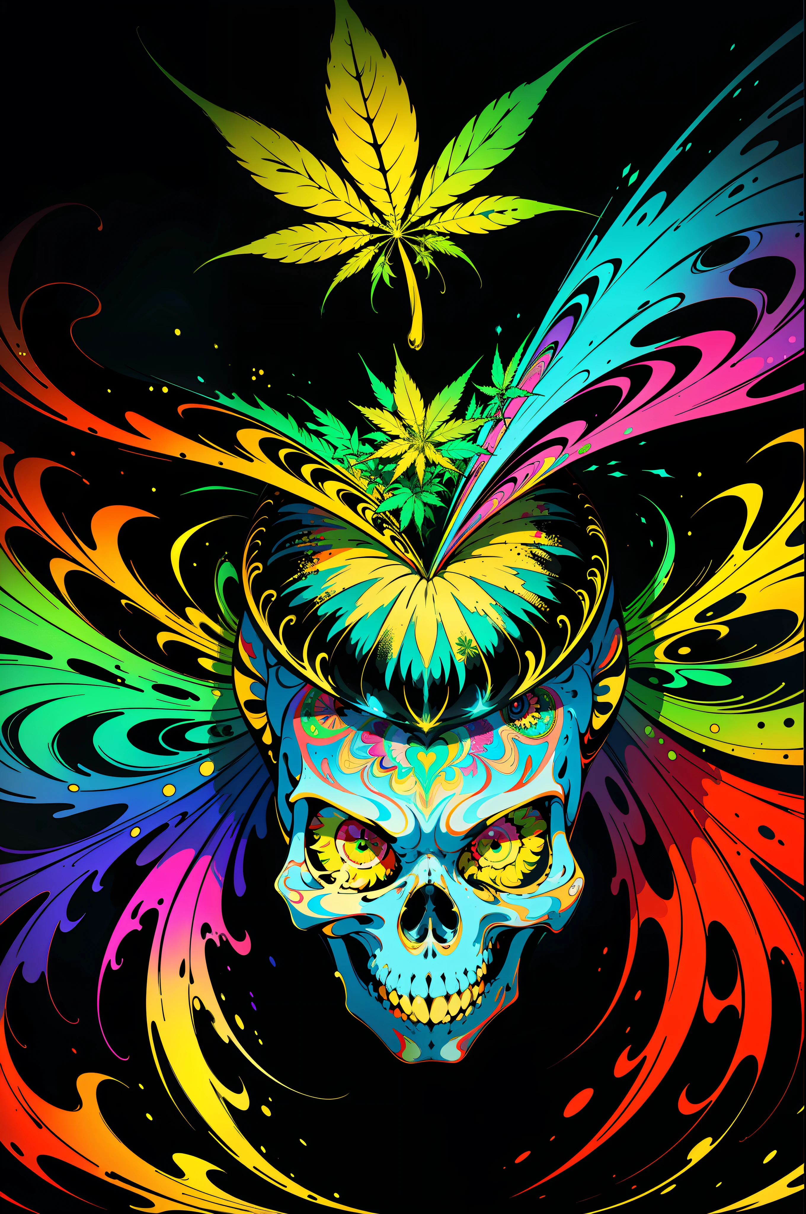 Vector Print: An explosion of vibrant colors and abstract shapes that dance in perfect harmony. A marijuana leaf stands out in the center of the composition, radiating energy and mystery. Intricate details and psychedelic patterns surround the figure, creating a sense of movement and depth. Tags: [masterpiece], vector print, psychedelic style, skull, vibrant colors, abstract shapes, energy, mystery, intricate details, psychedelic patterns, cannabis, movement, depth, [black background].
