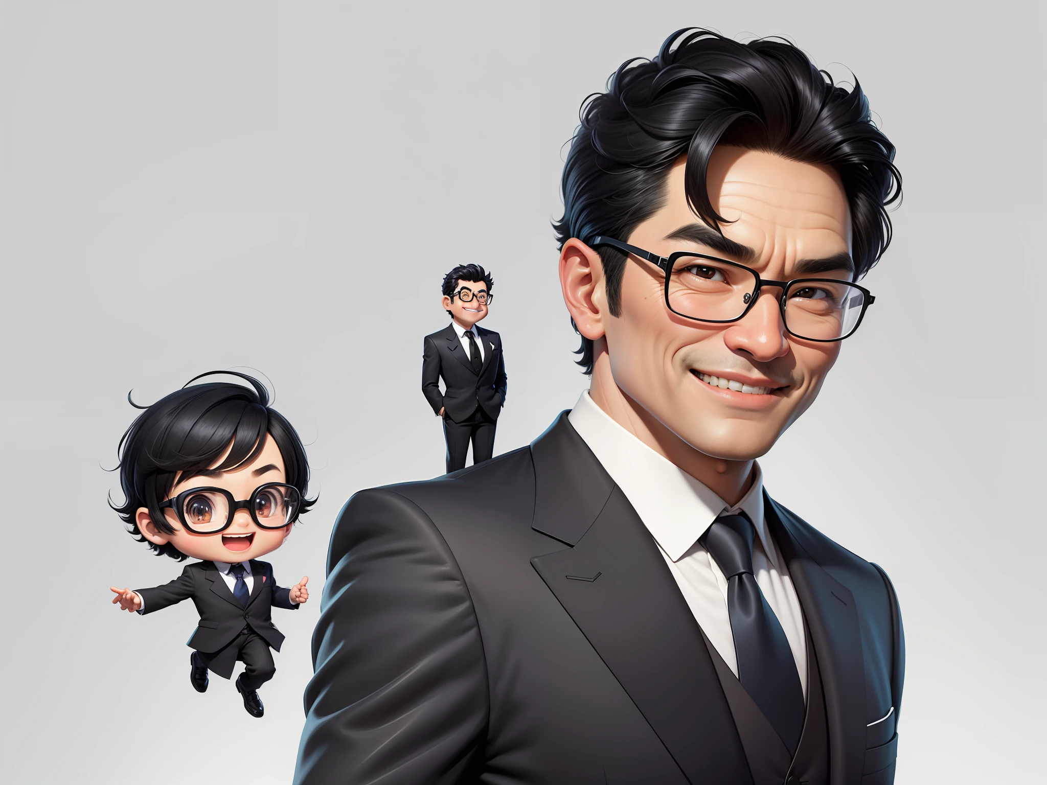 (Masterpiece), (Excellent), (Super Meticulous), (Full Body: 1.2), 1girl, Chibi, Cute, Smile, Open Mouth, Taiwanese middle-aged uncle male portrait, extremely detailed face, black hair, (super short hair) middle-aged handsome uncle, Taiwanese man, silver glasses, slightly chubby face, very clean face, black super short hair, black eyes, black suit, blue tie, confident smile, digital painting, film, character design of Mark Laydon and Pixar and Hayao Miyazaki, the illustration is a high-definition illustration in 4K resolution, With very detailed facial features and cartoon-style visuals.