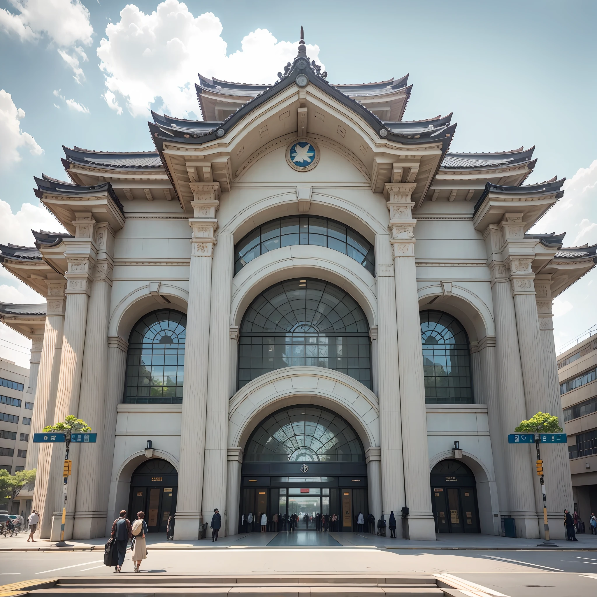 large station building, exterior shot, tokyo, exterior view, art deco, ultra realistic, raw photo, sharp focus, 8k, masterpiece, ultra realistic, 32k, best quality --auto --s2