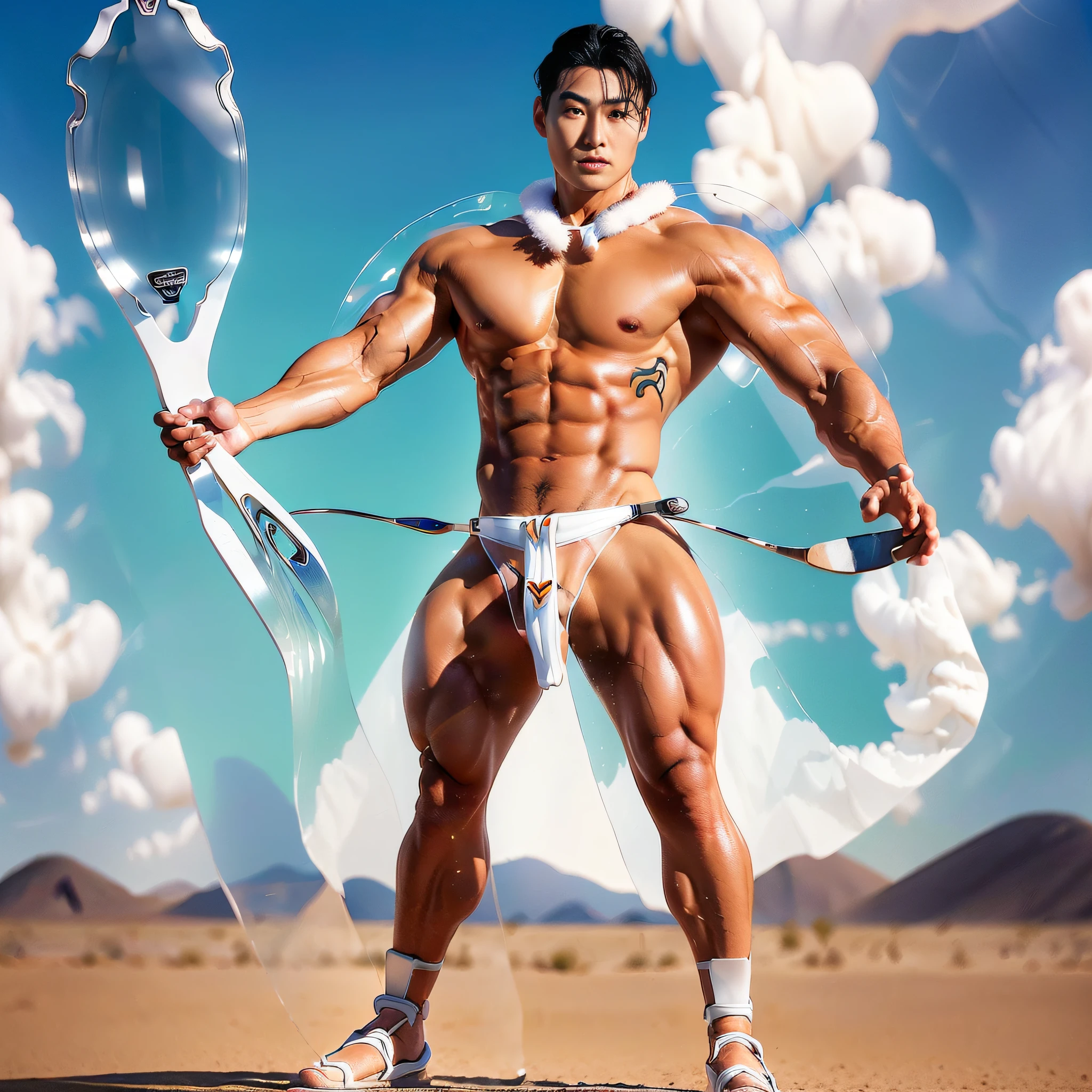 A strong Mongolian man, a supermodel of Mongolian descent, perfect face and body curves. (((((No clothes, only a pair of white transparent tongs))))), full body display, 33-year-old young man, perfect muscles and curves, perfect facial features, smiling, muscular man, spirited, ((((back desert background, body photography art))))), glory moment
