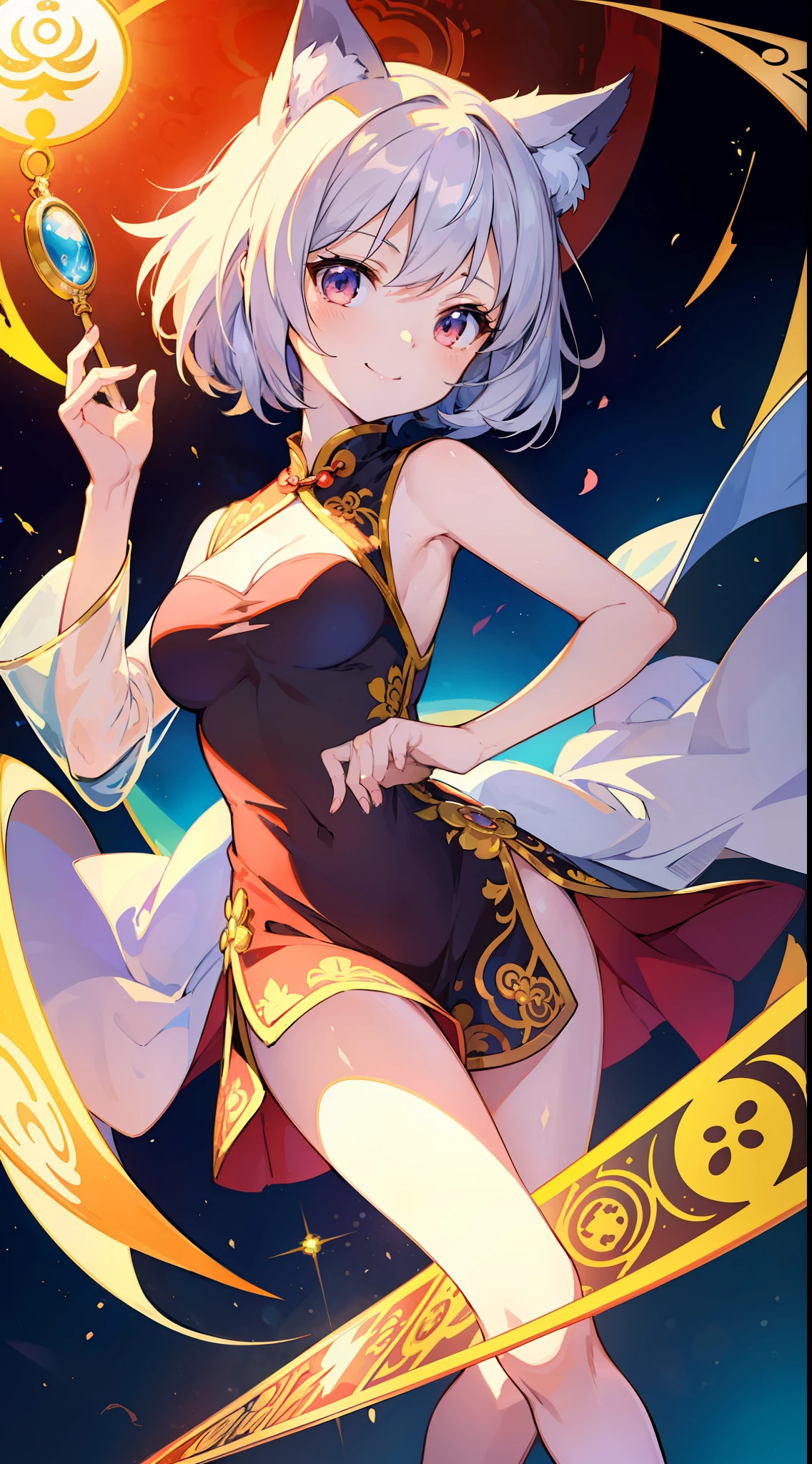 (Masterpiece), (Top Quality Anime Illustration), (Super Definition), One Girl, Solo, Beautiful Girl with Silver Hair, Anime , Cat Ear Lolile Red See-Through Cheongsam, Short Cheongsam, Sleeveless, Smile, Cleavage Emphasis, Lower Breast Emphasis, Thighs, Tarot Card Style, Power