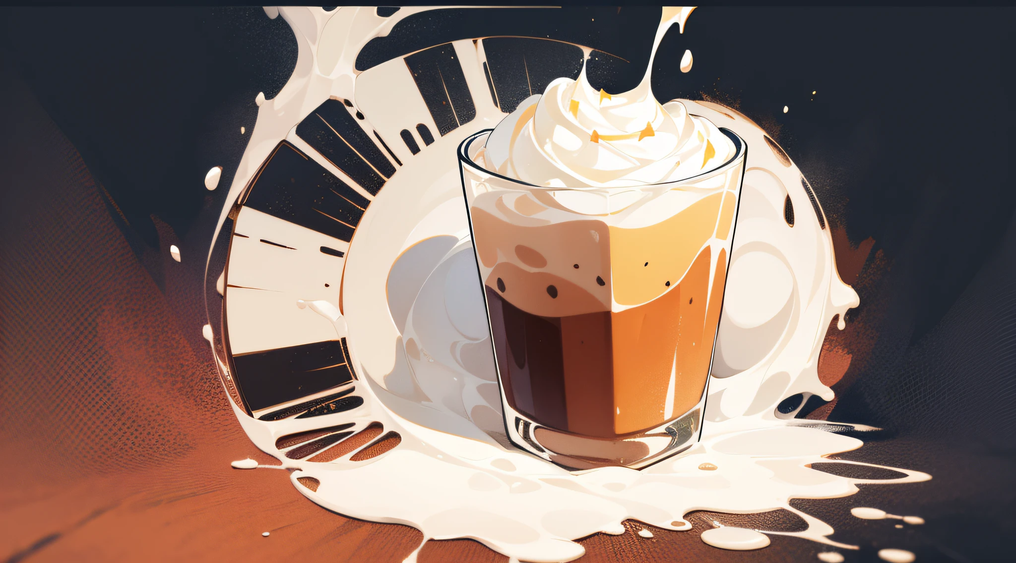 dark background, watercolor, milk splash, artistic brushwork, Starbucks, 1 frappuccino, 1 mango frappe, melting, glossy, mouth-watering, vector art, artistic brushwork, logo design, concept design, professional design, line art style, abstract logo, symmetry, masterpiece, high quality