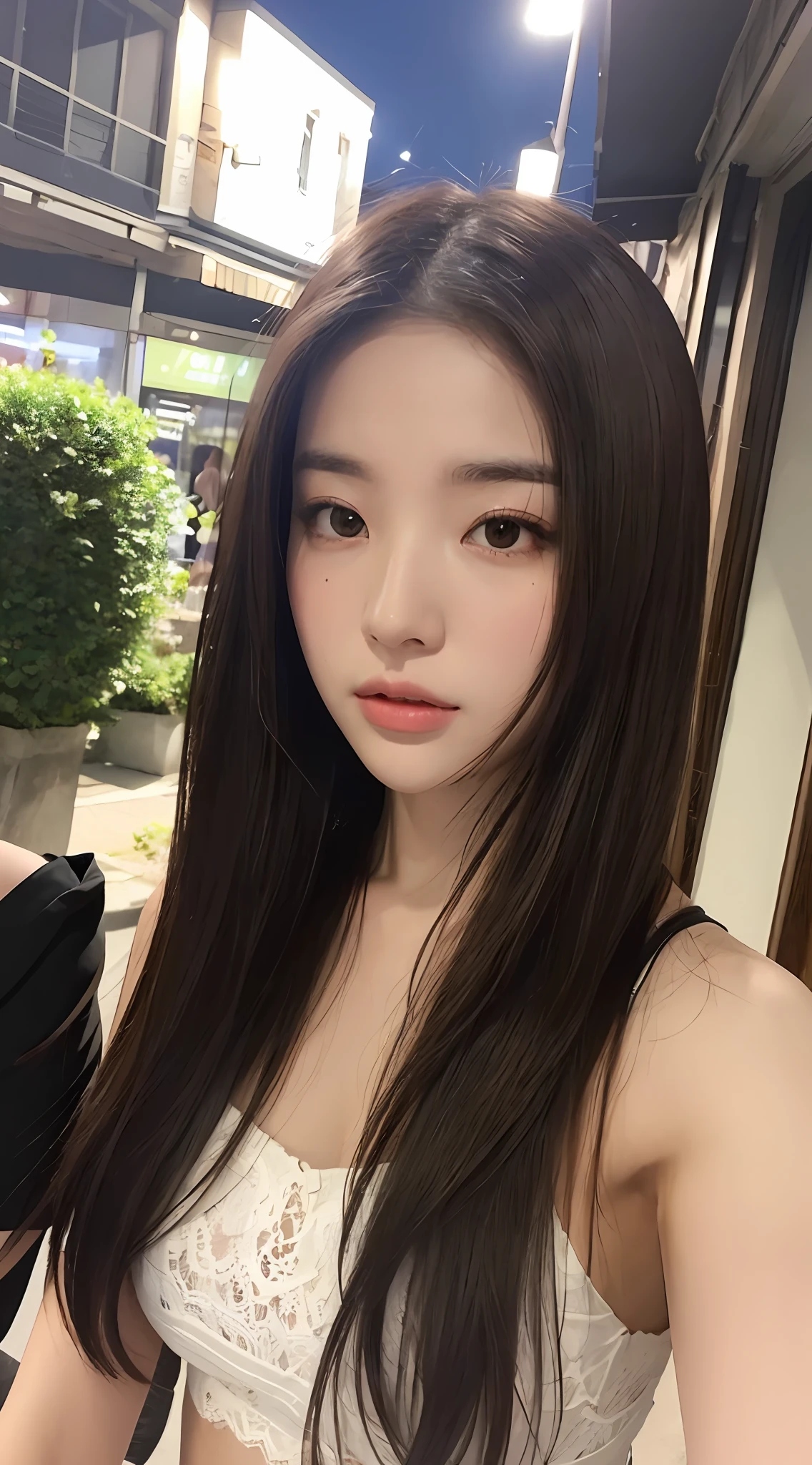 ((Realistic lighting, Best quality, 8K, Masterpiece: 1.3)), Clear focus: 1.2, 1girl, Perfect body beauty: 1.4, Slim abs: 1.1, ((dark brown hair)), (Lace group: 1.4), (Outdoor, night: 1.1), City streets, ultra-fine face, fine eyes, double eyelids, half body,
