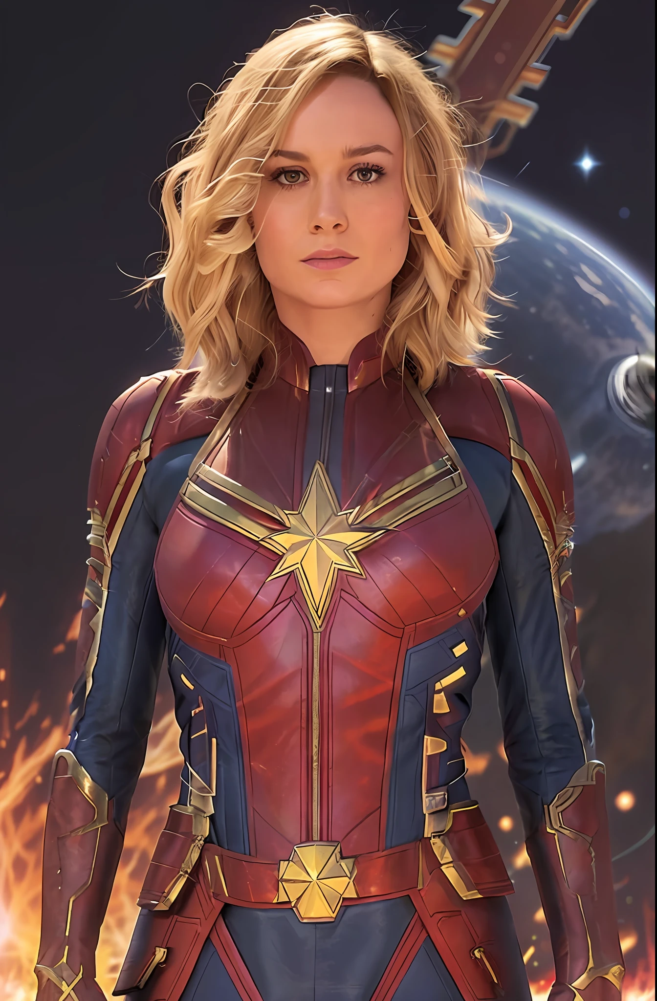 Brie Larson, medium hair, full body portrait, wearing Captain Marvel outfit, sexy, flying in space