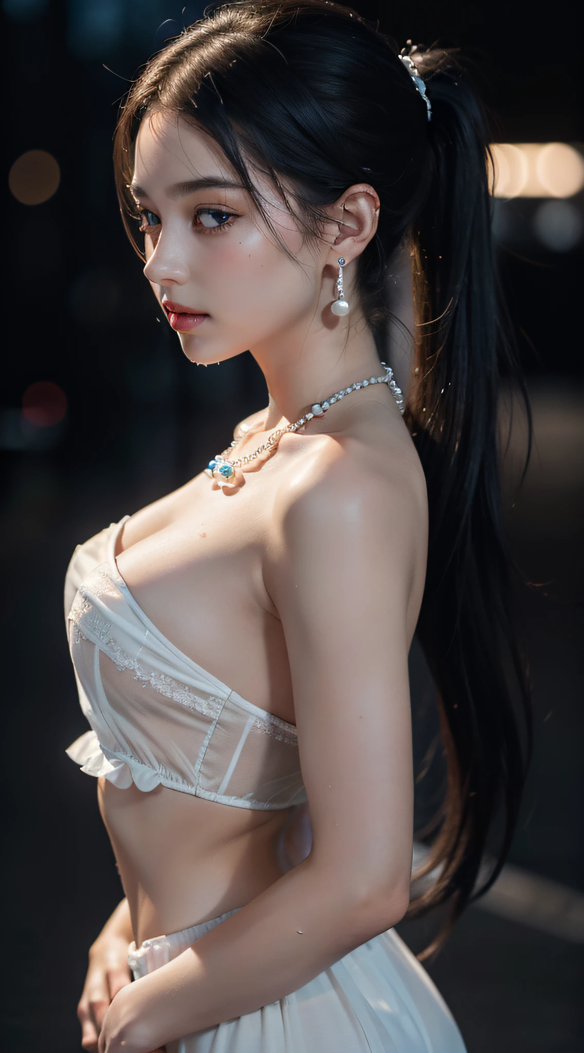from side, hip up,((addielyn)), side pose, Random posture, night time, (An extremely delicate and beautiful work), (masterpiece), 1girl, streetwear, highly detailed, ponytail contorted, charming expression, beautiful and clear eyes, blue eye pupil, delicate pearl necklace, delicate earrings, simple blurred background, extreme detail description, beautiful, charming, ultra-fine painting, delicate face, delicate figure, Fine collarbones, lovely lips, soft behind, mix4,(8k, RAW photo, best quality, masterpiece:1.2), (realistic, photo-realistic:1.37),1girl,cute,cityscape, night, rain, wet, professional lighting, photon mapping, radiosity, physically-based rendering, above waist,
