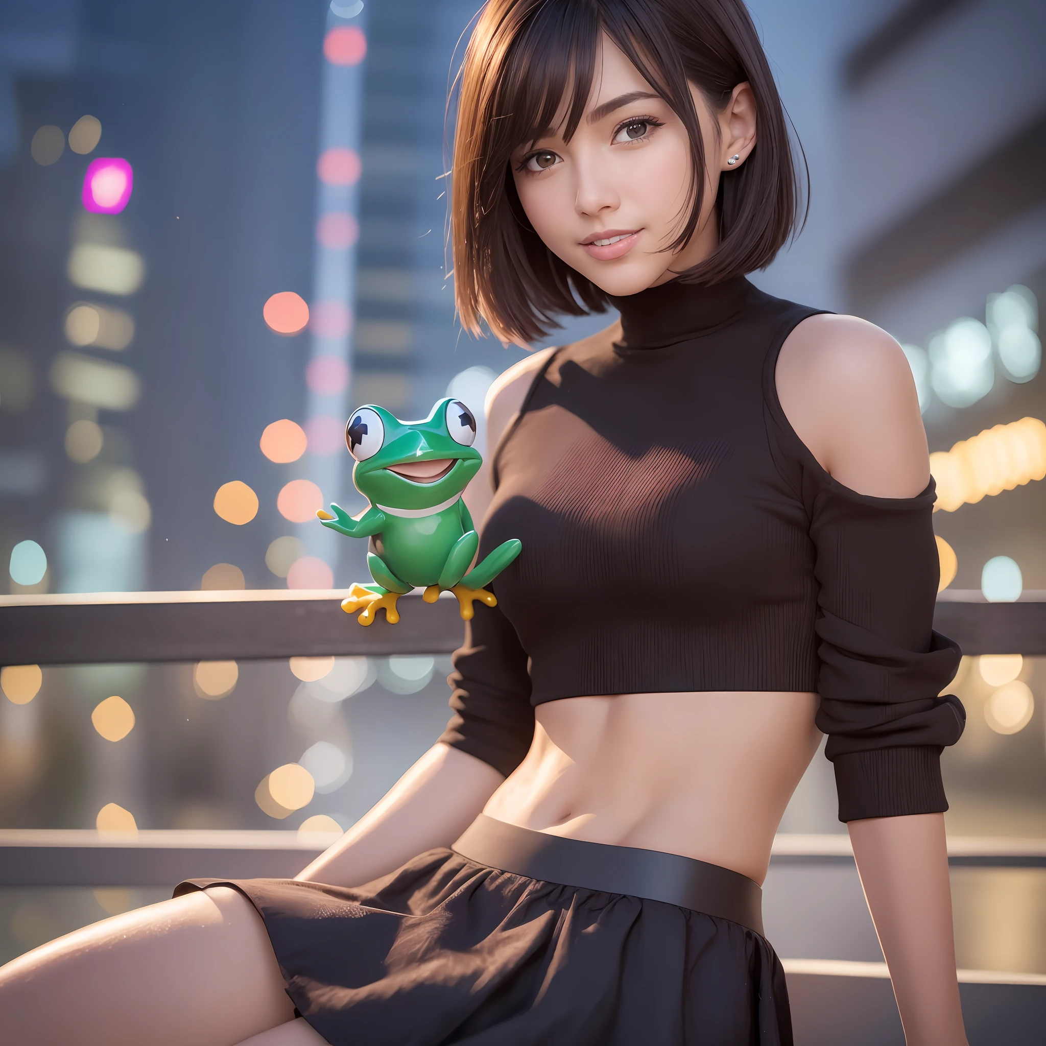 (8K, Best Quality, Masterpiece: 1.2), (Realistic, Photorealistic: 1.2), Cute, Solo, Beautiful Definition Sky, Night, Wet, Watching Viewer, (Sit: 1.5), Date, Future,
(nose brush), (smile: 1.15), (mouth closed) small breasts, small moles on the chest, fine beautiful eyes, (dark brown hair: 1), (short hair: 1.1), floating hair NovaFrog style,
black miniskirt, makeup, (8k, RAW photo: 1.2), --auto --s2