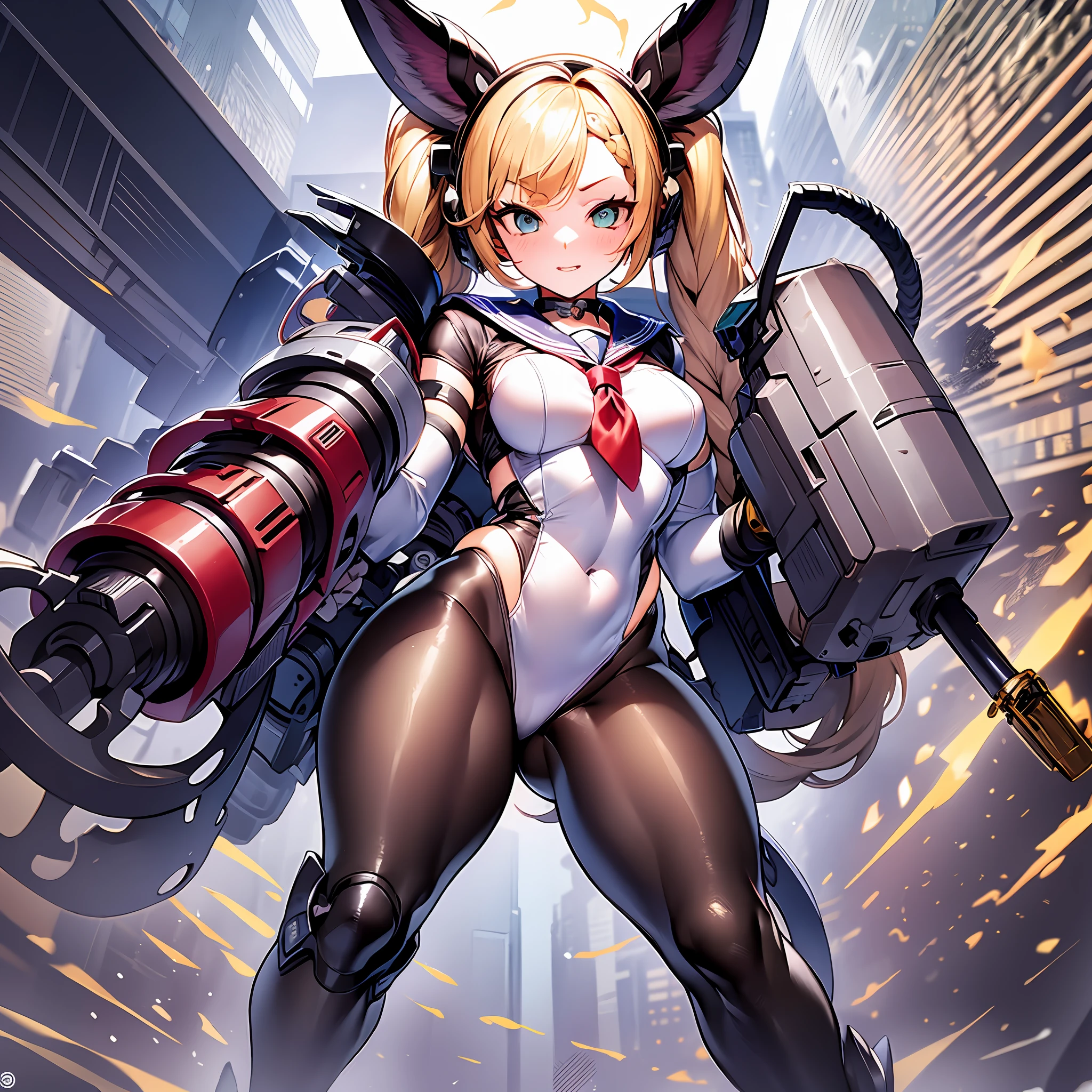 huge cool chainsaw in hands, huge cool weapon machine, mecha, mechanism, machine, open stance, , heart cut out sailor suit, changing clothes, rabbit ears, thick eyebrows, female brat, small, pigtails, beautiful blonde, braid, (masterpiece), ((best quality)), (super detailed), full body anime girl, Clean and detailed face, high resolution and beautiful eyes, five fingers, textile shading, perfect human structure, perfect anatomy,