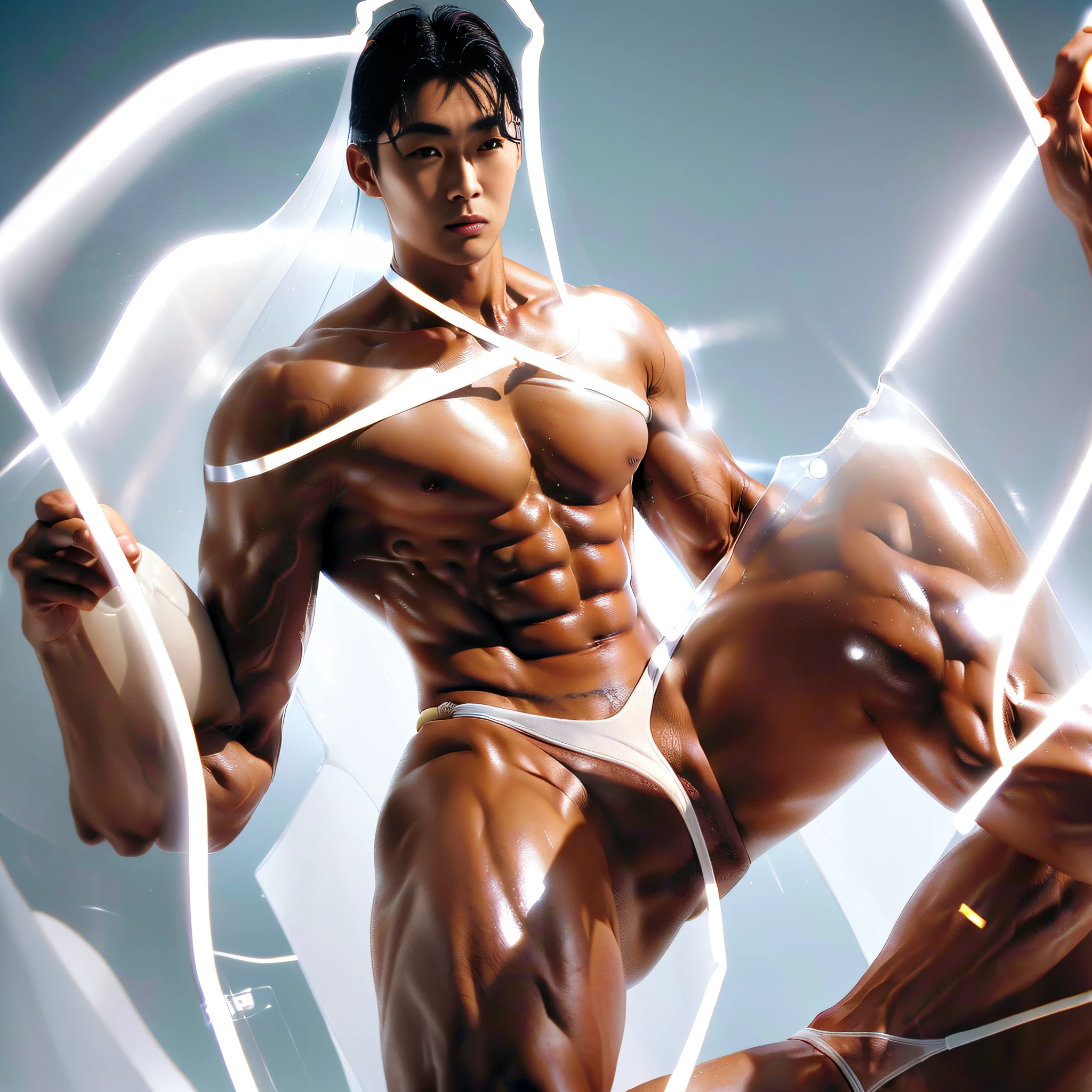 A strong Mongolian man, a supermodel of Mongolian descent, perfect face and body curves. (((((No clothes, only a pair of white transparent thongs))))), full body display, 33-year-old young man, showing perfect muscles and curves, perfect facial features, smiling, muscular man, spirited, ((((back desert background, body photography art))))), glory moment