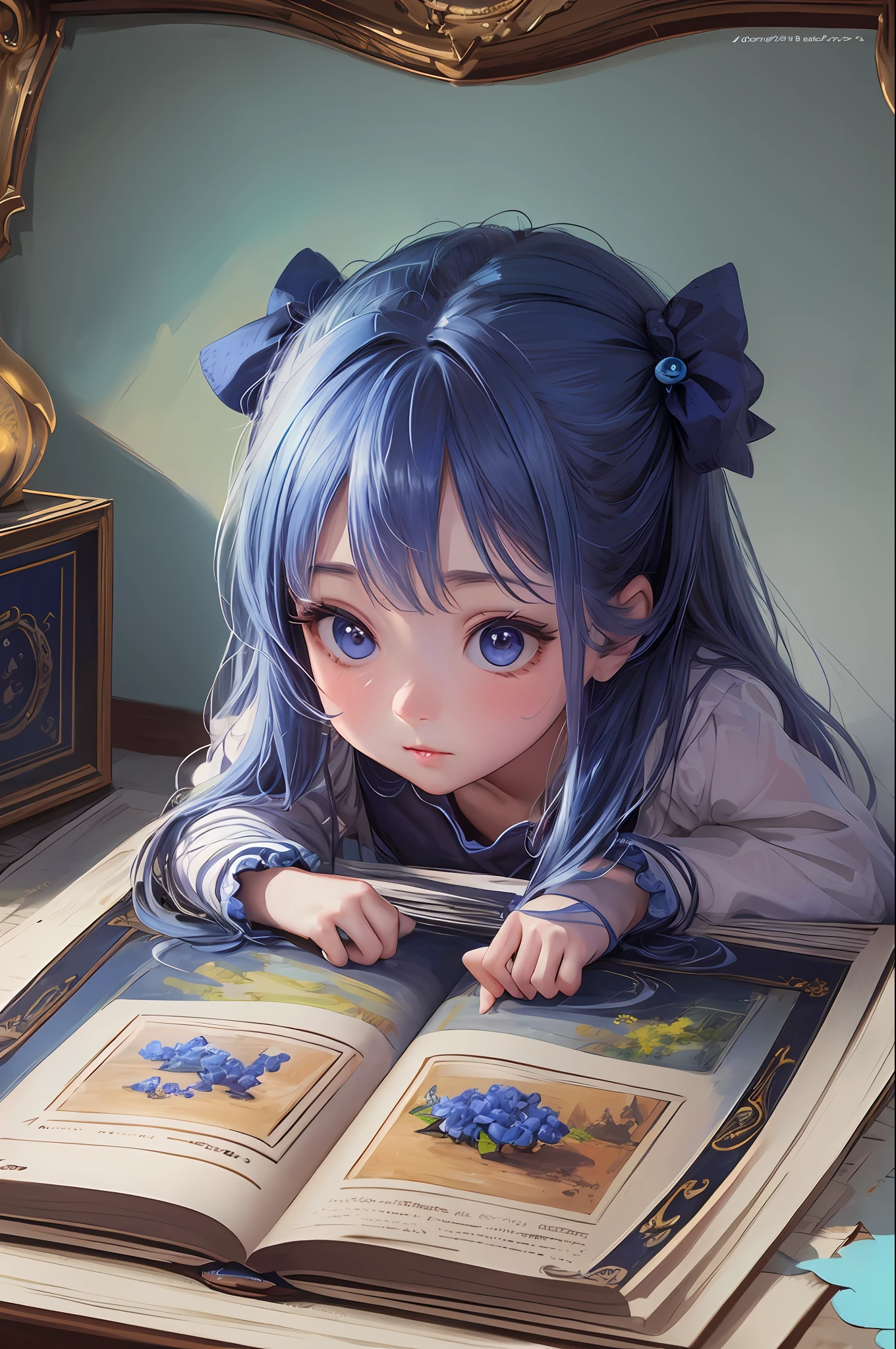 ( Absurd , High quality , ultra detailed, masterpiece, concept art, smooth, highly detailed artwork, hyper realistic painting ) little girl , blueberry bookworm character , blueberry , sky blue , cute , whole body , Romantic , Vivid