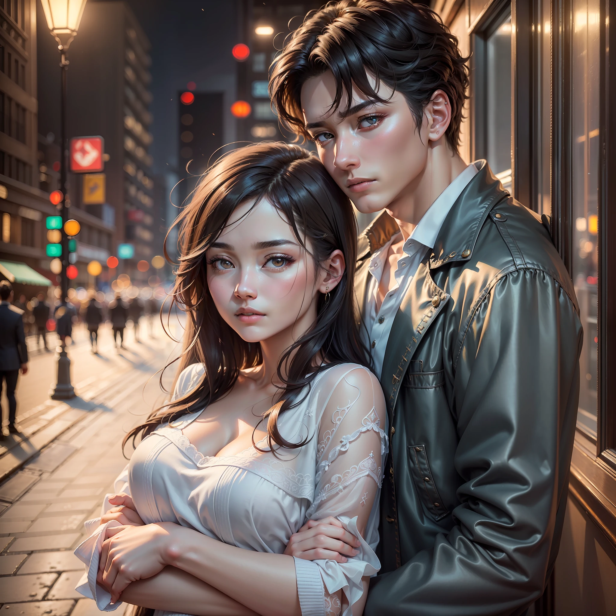 ((Top Quality, 16k, Masterpiece, photorealism, photography, Realistic)) encontry couple, woman and man, like a kdrama scene, real body, full body, Highly detailed face and texture, beautiful eyes, Detail hair, good proportions, anatomically correct, high details, full clothes, at night, city lights, romantic