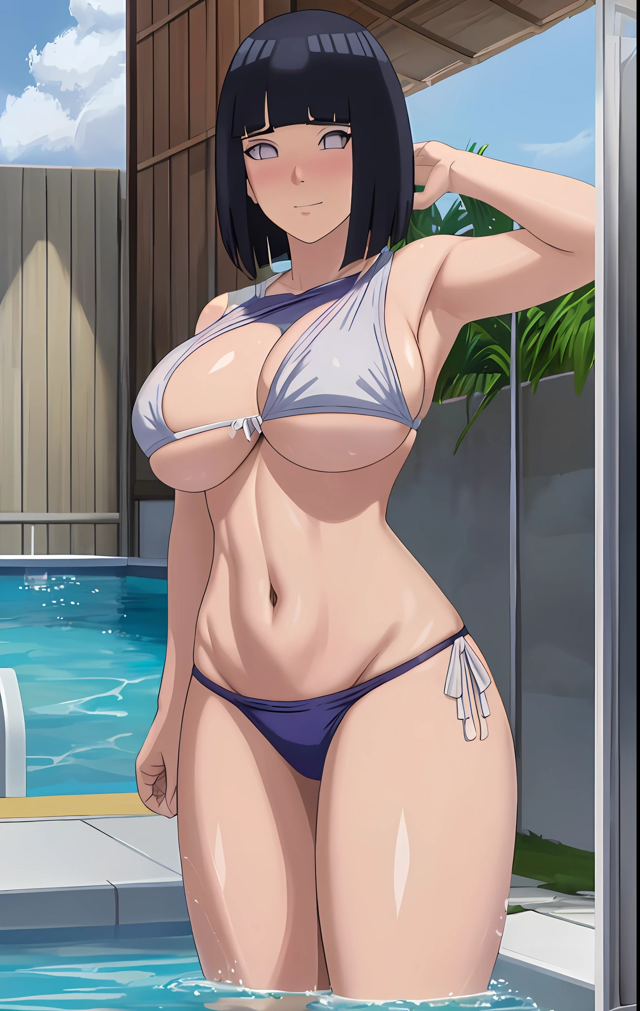 ((masterpiece:1.2)), best quality, Hyuga hinata, pretty face, white bikini, white bikini bottom, cowboy_shot, looking_at_viewer, light smile, closed_mouth, pool, water, anime screencap, huge breasts, (blush), shiny skin, ((weight conscious)), ((muffin top)), ((sagging breasts))