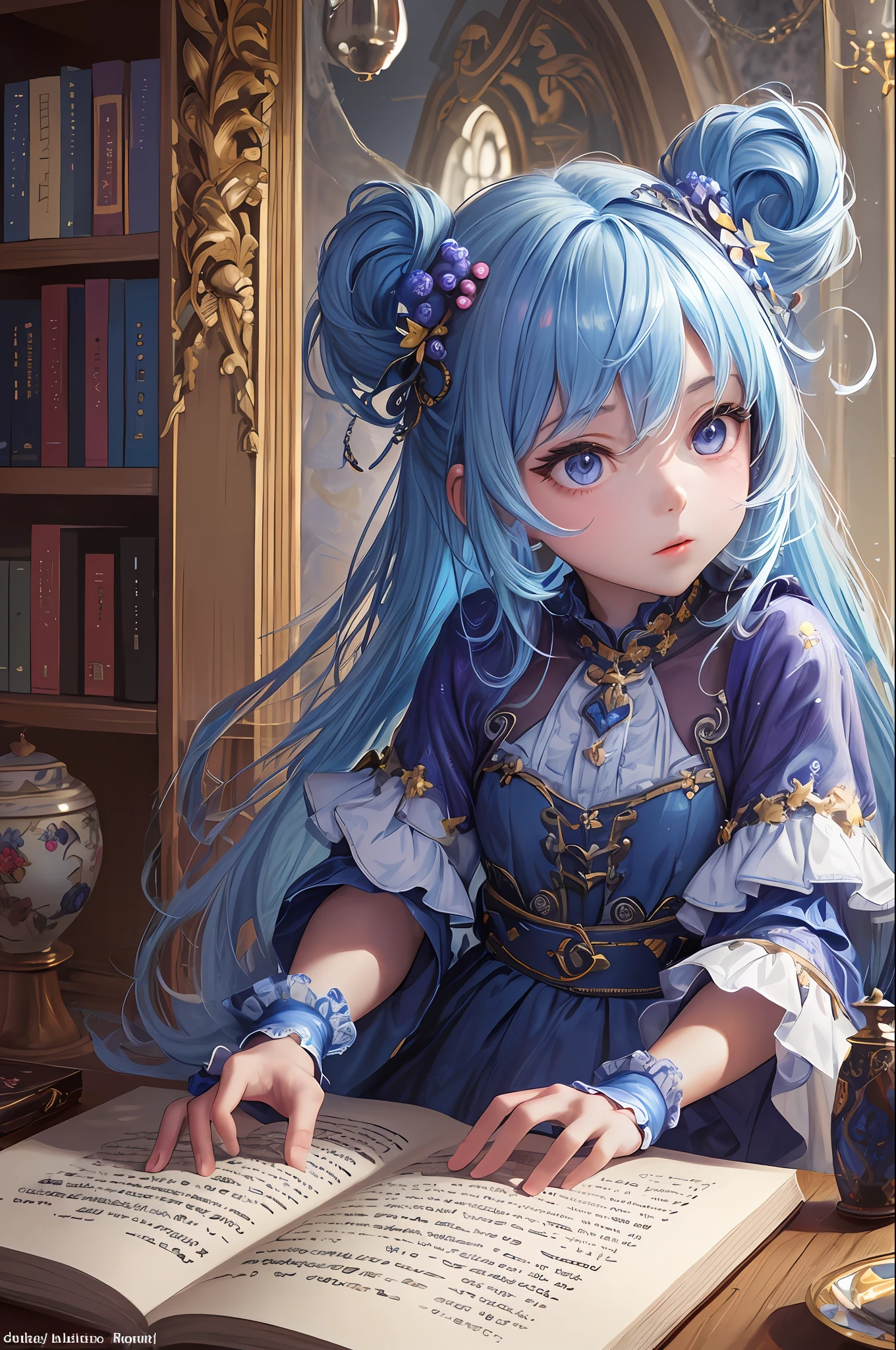 ( Absurd , High quality , ultra detailed, masterpiece, concept art, smooth, highly detailed artwork, hyper realistic painting ) little girl , blueberry bookworm character , blueberry , sky blue , cute , whole body , Romantic , Vivid