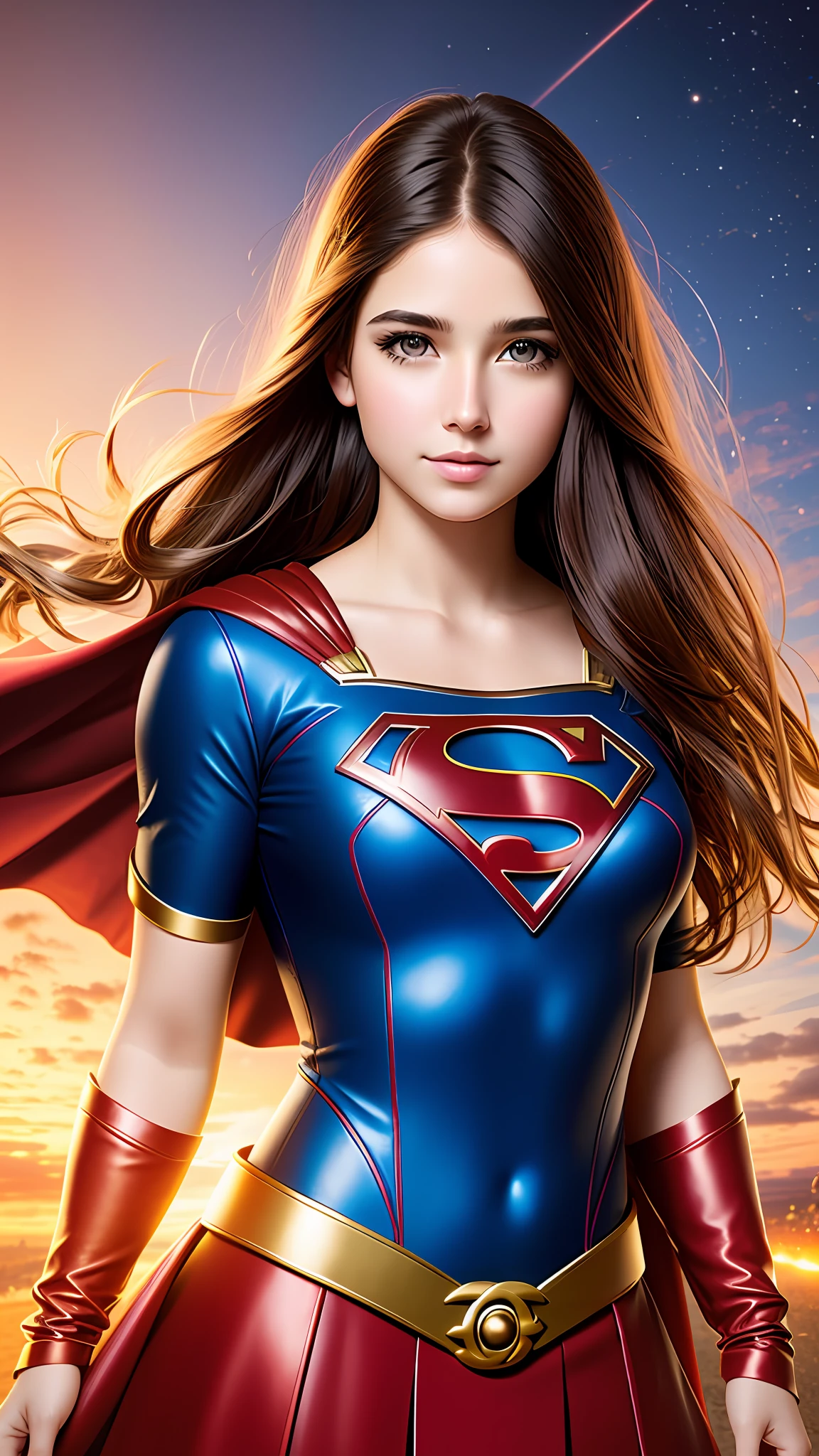 photographic portrait of brunette Supergirl, colorful and realistic round eyes,straightened hair,short, Chanel, dreamy magical atmosphere, superheroine costume, (small breasts: 1,3),