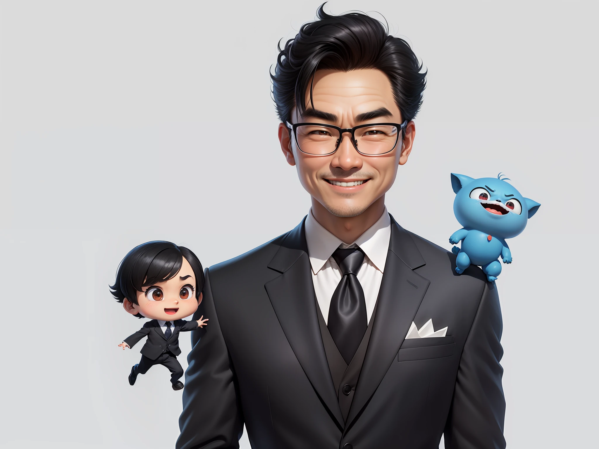 (Masterpiece), (Excellent), (Super Meticulous), (Full Body: 1.2), 1girl, Chibi, Cute, Smile, Open Mouth, Taiwanese middle-aged uncle male portrait, extremely detailed face, black hair, (super short hair) middle-aged handsome uncle, Taiwanese man, silver glasses, slightly chubby face, very clean face, black super short hair, black eyes, black suit, blue tie, confident smile, digital painting, film, character design of Mark Laydon and Pixar and Hayao Miyazaki, the illustration is a high-definition illustration in 4K resolution, With very detailed facial features and cartoon-style visuals.
