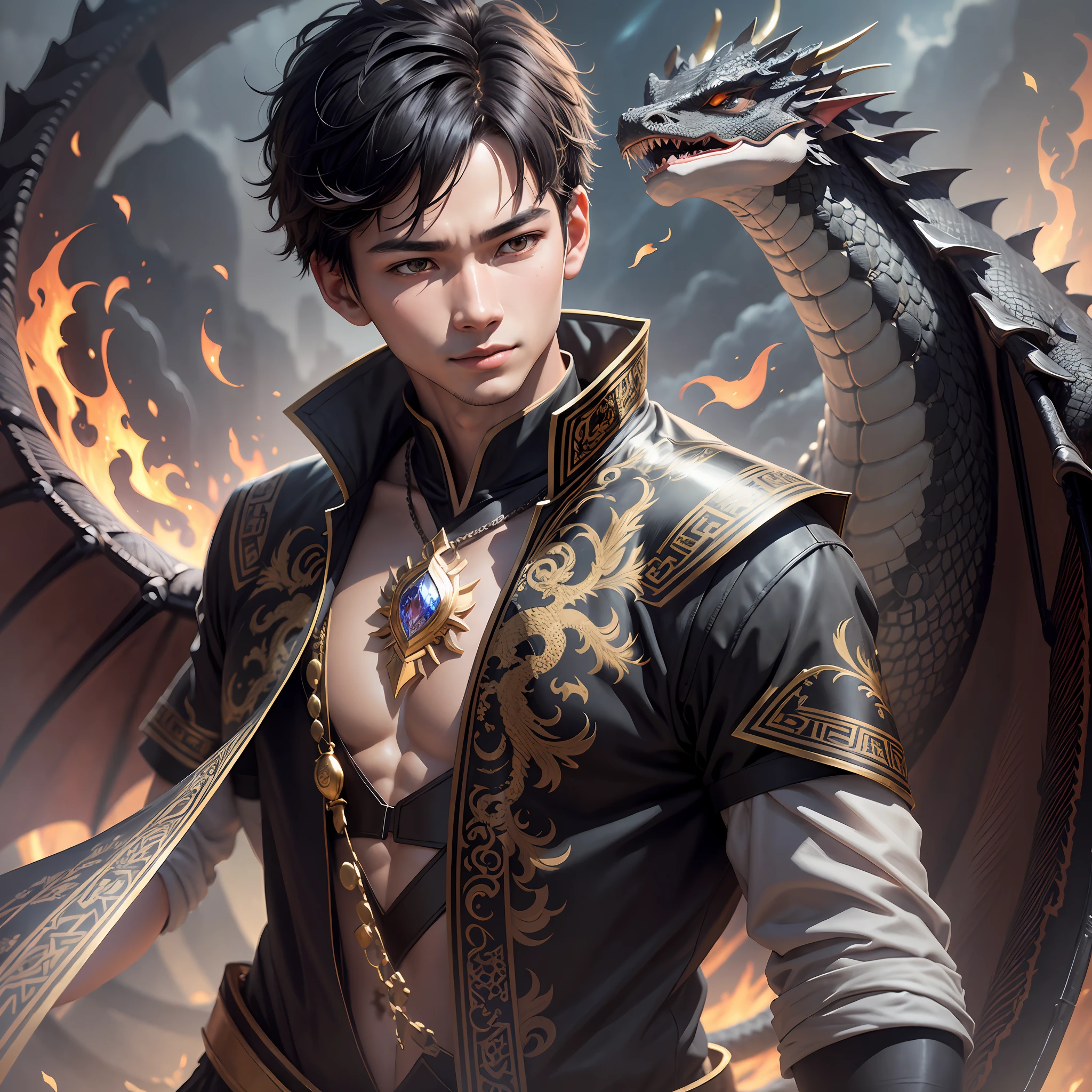 (Realistic, Realistic: 1.3), Extremely delicate and beautifully detailed Boy and Dragon (Best Illustrated), Most Beautiful Shadow, Complex, (Behind a Vietnamese Black Dragon (Dragon: 1.3)  ), Surrounded by Flames, Black Mountains, Clouds, Sunset, Sharp Focus, Volumetric Fog, 8k Ultra HD, DSLR, High Quality, (Film Grain: 1.4), Fujifilm XT3, Official Art,  Unified 8K Wallpaper, Vietnamese guy, short hair, muscular, High Detail, Dynamic Angle, Shooting (Light Color), OC, (Half: 1.2), Vietnam, (Tape: 1.3), (Dream: 1.3)  : 1.5), (Hanfu: 1.5), (Smile: 0.5), (Male God 1.3), Complex, Super Detail, Detailed Background, Cinematic Lighting, Best Shadow, Face Detail, Light  dramatic light, intricate detail, layered short hair, elegant light, wide angle, alone, full body, colorful, fire, muscle, 6 pack, pretty short hair, light brown eyes, pretty pattern  , gems, gold, volumetric light, contrast, boy with dragon on his head, boy with black hair, wearing modern vietnamese fashion --auto --s2