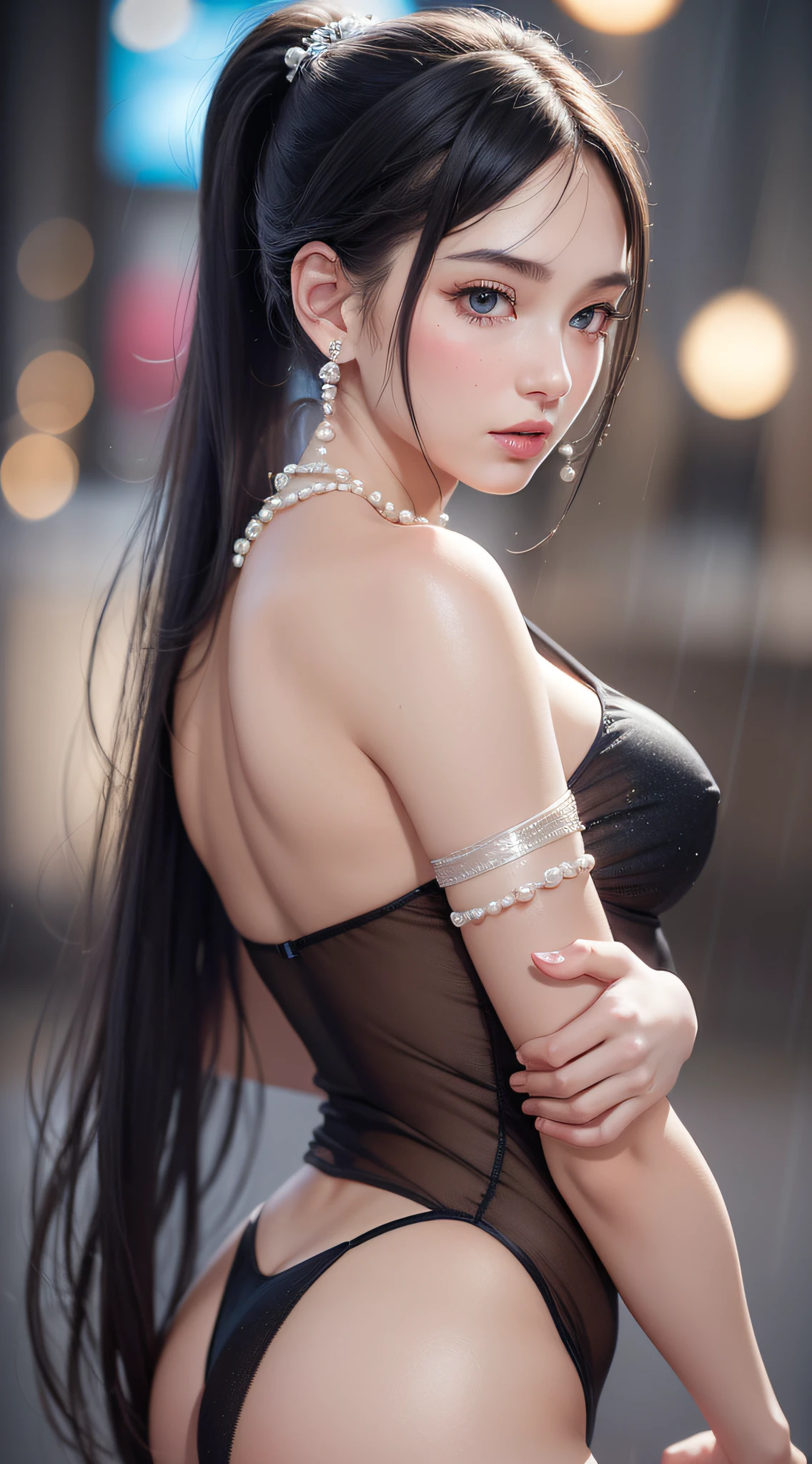 from side, hip up,((addielyn)), side pose, Random posture, night time, (An extremely delicate and beautiful work), (masterpiece), 1girl, streetwear, highly detailed, ponytail contorted, charming expression, beautiful and clear eyes, blue eye pupil, delicate pearl necklace, delicate earrings, simple blurred background, extreme detail description, beautiful, charming, ultra-fine painting, delicate face, delicate figure, Fine collarbones, lovely lips, soft behind, mix4,(8k, RAW photo, best quality, masterpiece:1.2), (realistic, photo-realistic:1.37),1girl,cute,cityscape, night, rain, wet, professional lighting, photon mapping, radiosity, physically-based rendering, above waist,