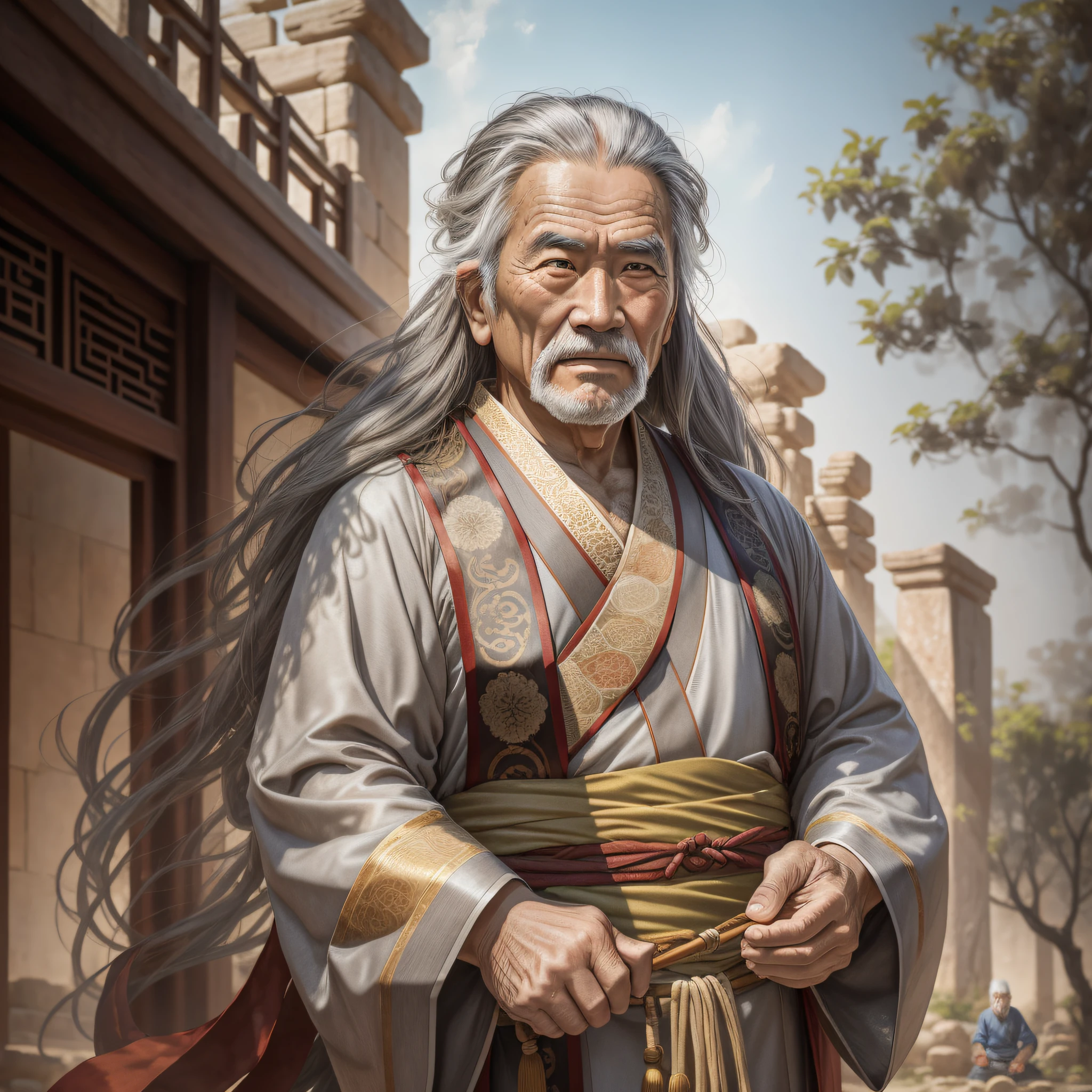 Masterpiece, best picture quality, daytime, outdoor, ancient style, ancient Chinese, 1 middle-aged man, 70-year-old man, mature man, gray hair, long hair, bundled hair, fierce expression, Hanfu, exquisite facial display, exquisite detail display --auto --s2