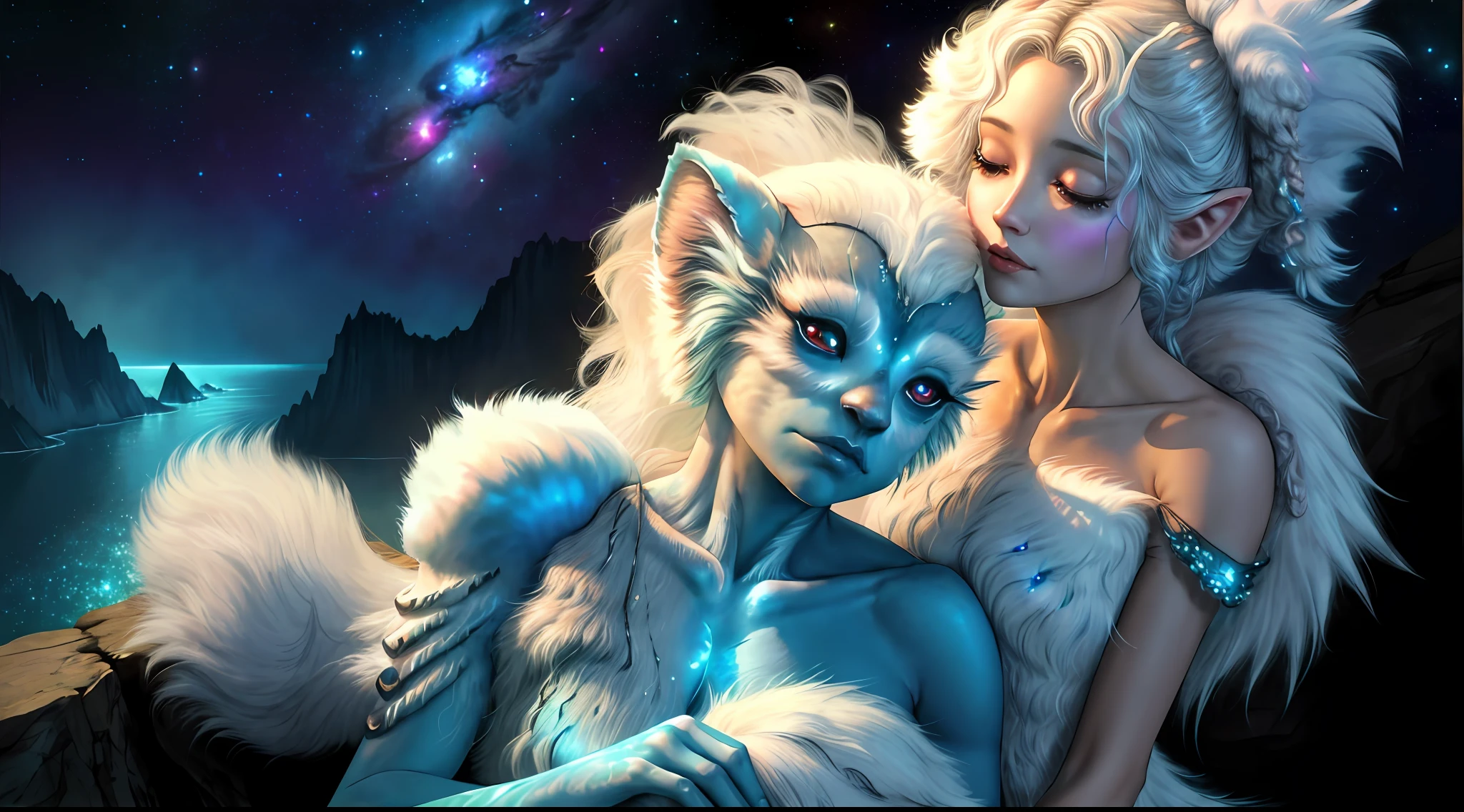 breathtaking masterpiece, best quality, highest quality, highly detailed, exquisite, award winning 8K digital painting of an ethereal and (incredibly beautiful female alien:1.4) with luminescent body parts that shimmer like stardust (lying gracefully on a steep cliff:1.2), casting a watchful gaze over (the galaxy:1.33), (a fluffy creature rests on her shoulder:1.8), intricate details, golden ratio, BaroqueAI, v0id3nergy, by Louis Royo