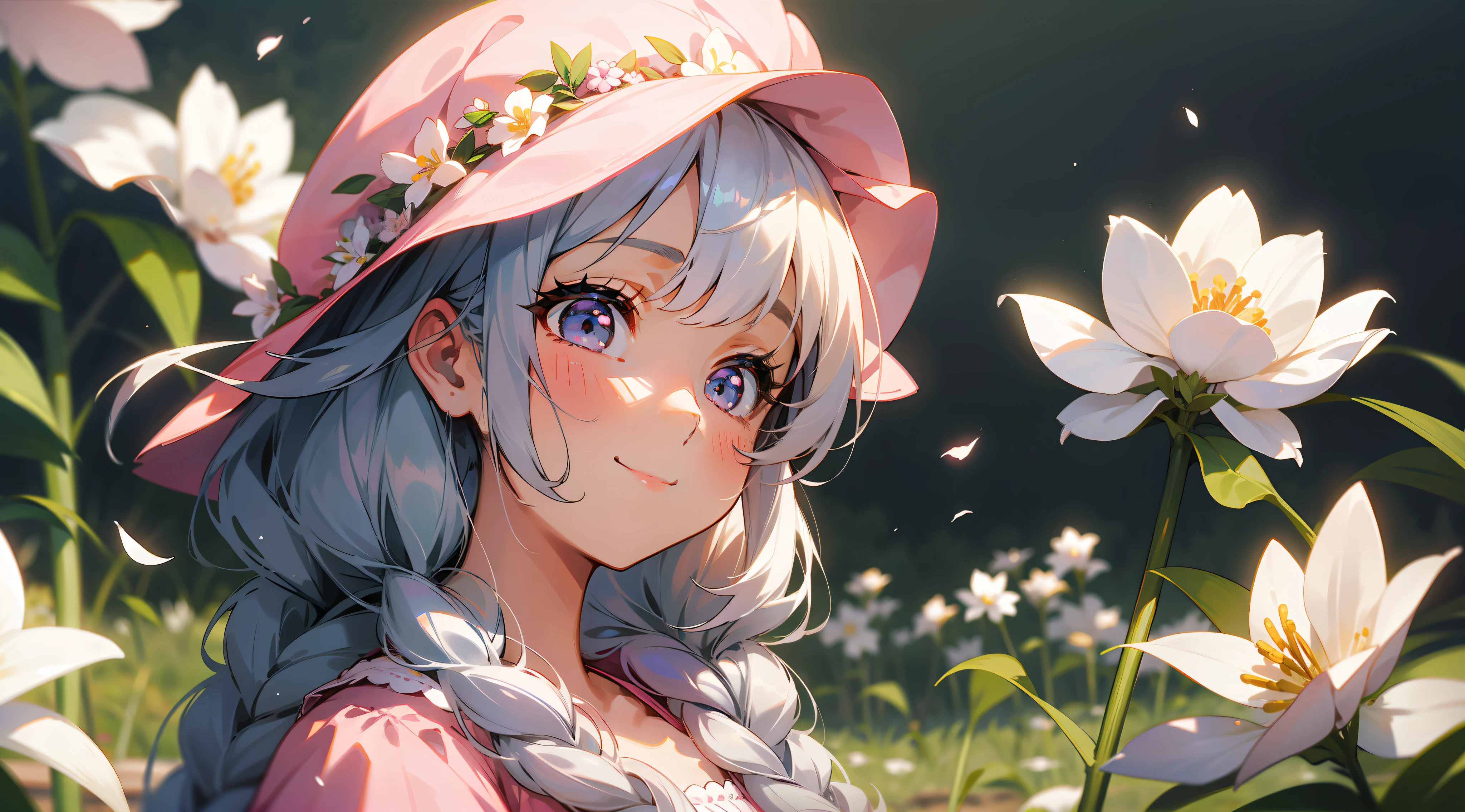 In the field in the distance, the beautiful girl smiled happily, sweet, gentle, cute, delicate facial features, oval face, two fried dough twisted braids, pink dresses, blooming white flowers. The girl's smiling eyes show tranquility, beauty, dreaminess, Miyazaki Hayao 8x resolution, depth of field, HD, bust, bokeh, medium scene, 56mm lens